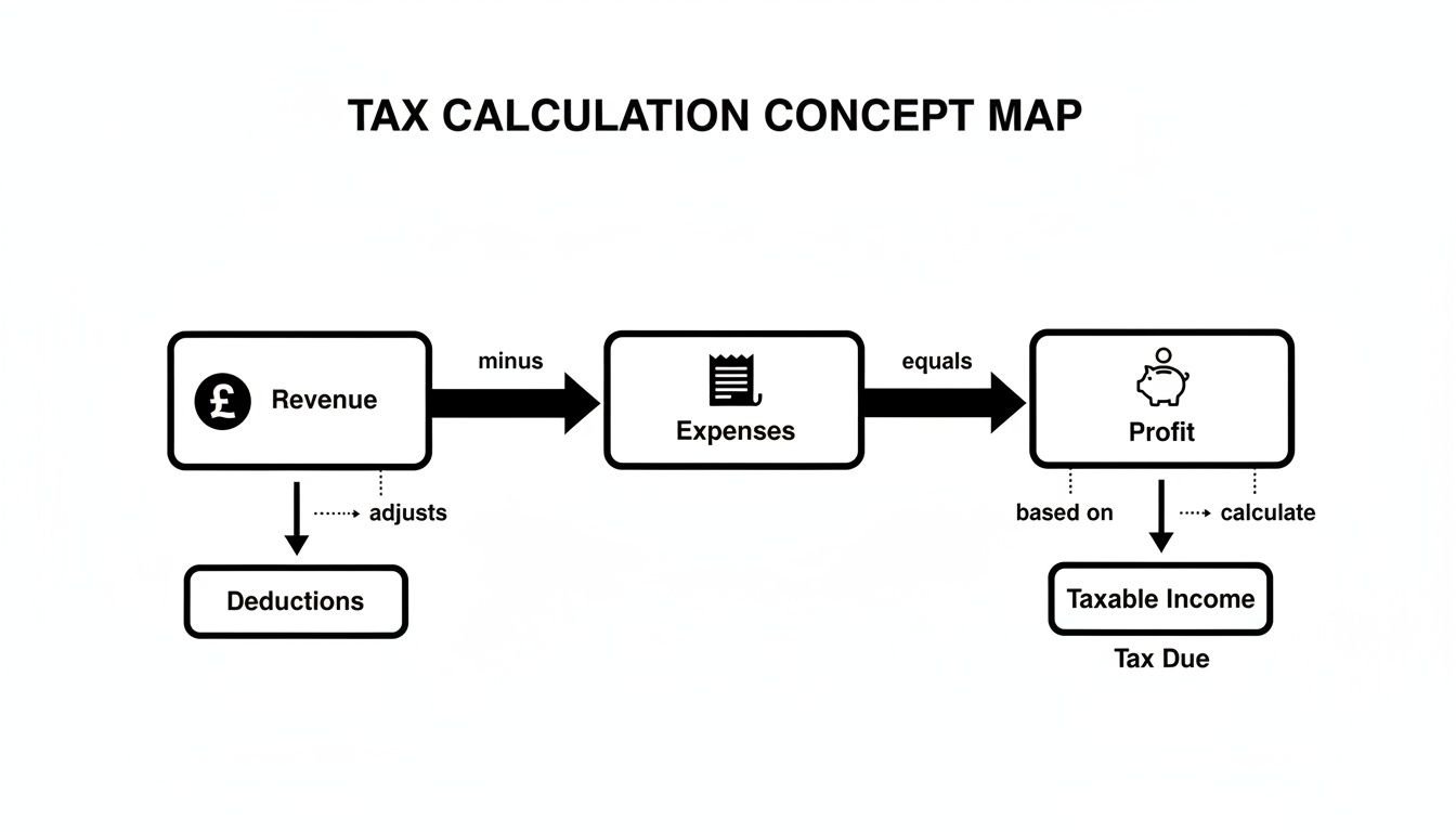 A concept map illustrating the tax calculation process from revenue to tax due, considering expenses and deductions.