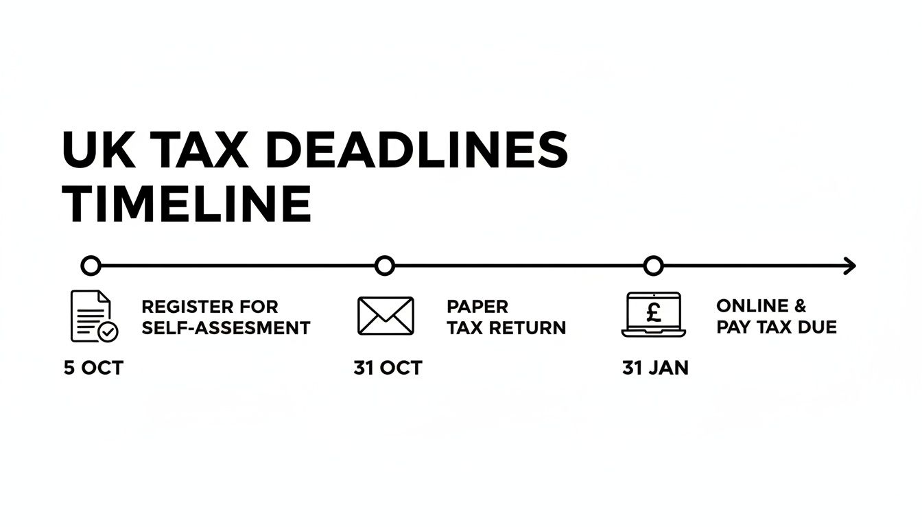 UK tax deadlines timeline showing key dates for self-assessment, paper returns, and online payment.