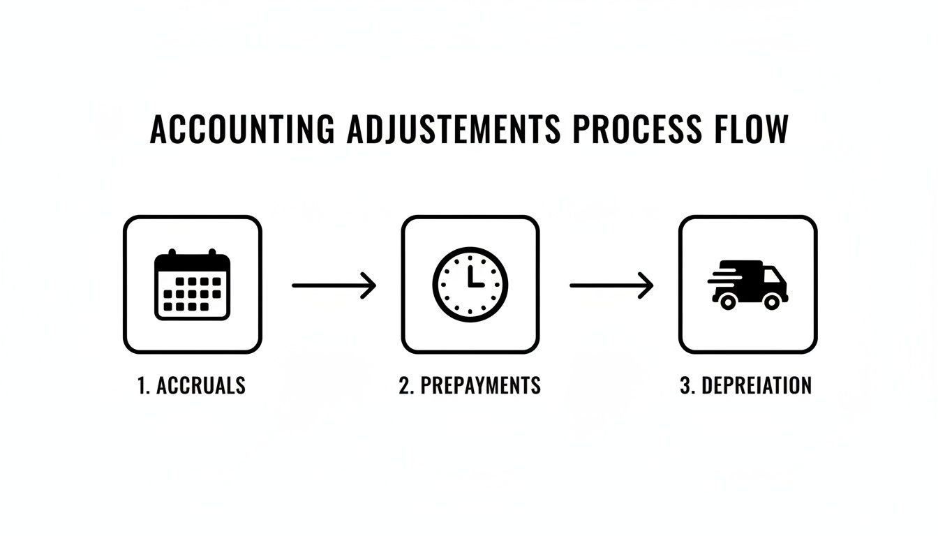 A process flow diagram detailing accounting adjustments for accruals, prepayments, and depreciation.