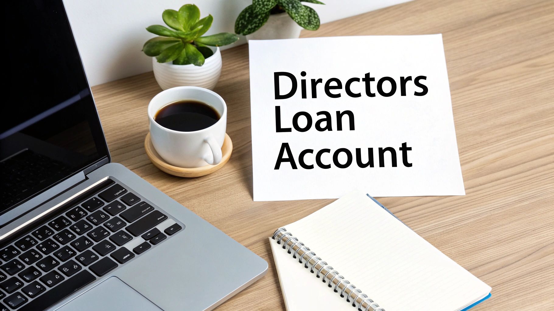 A white paper with 'Directors Loan Account' on a wooden desk with a laptop, coffee, and notebook.