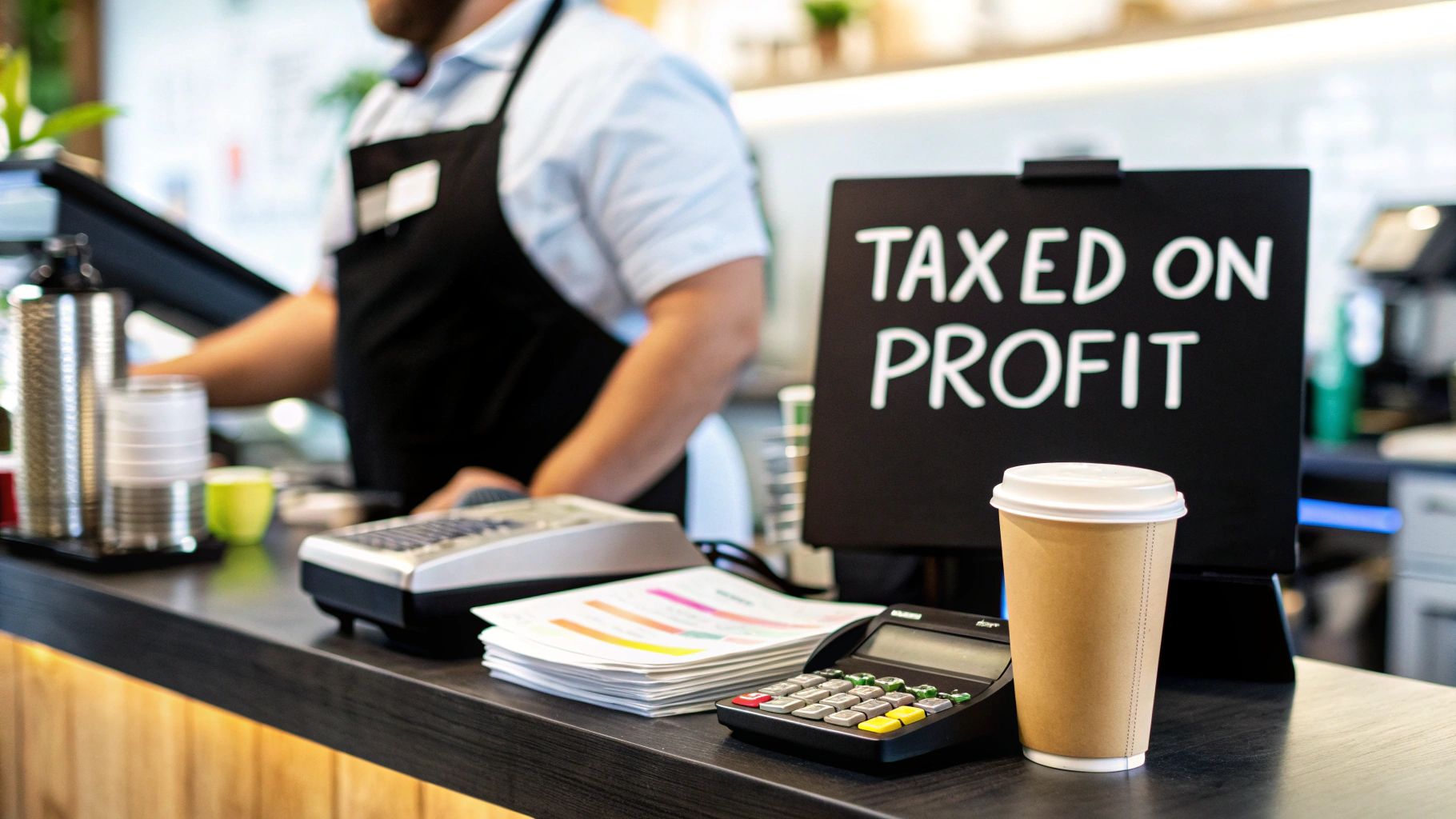 A business counter with a 'TAXED ON PROFIT' sign, calculator, papers, and a coffee, highlighting business finances.