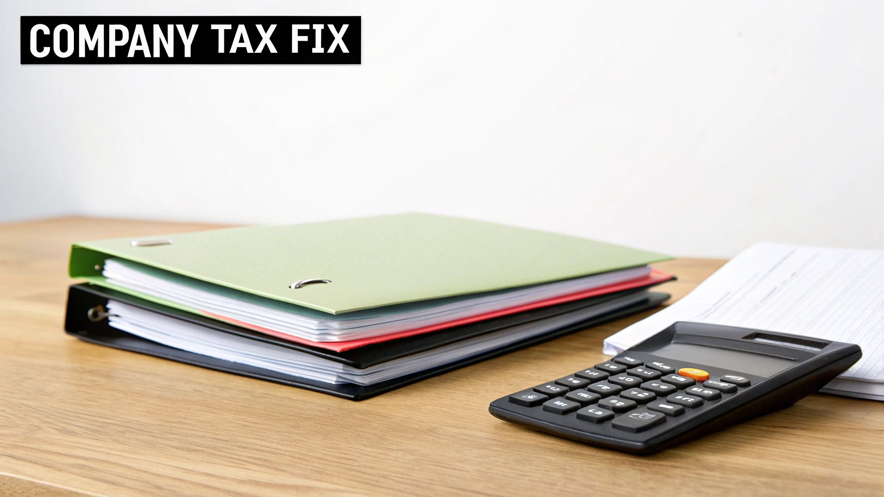 A wooden desk with stacked binders, a calculator, and papers, with text 'COMPANY TAX FIX'.