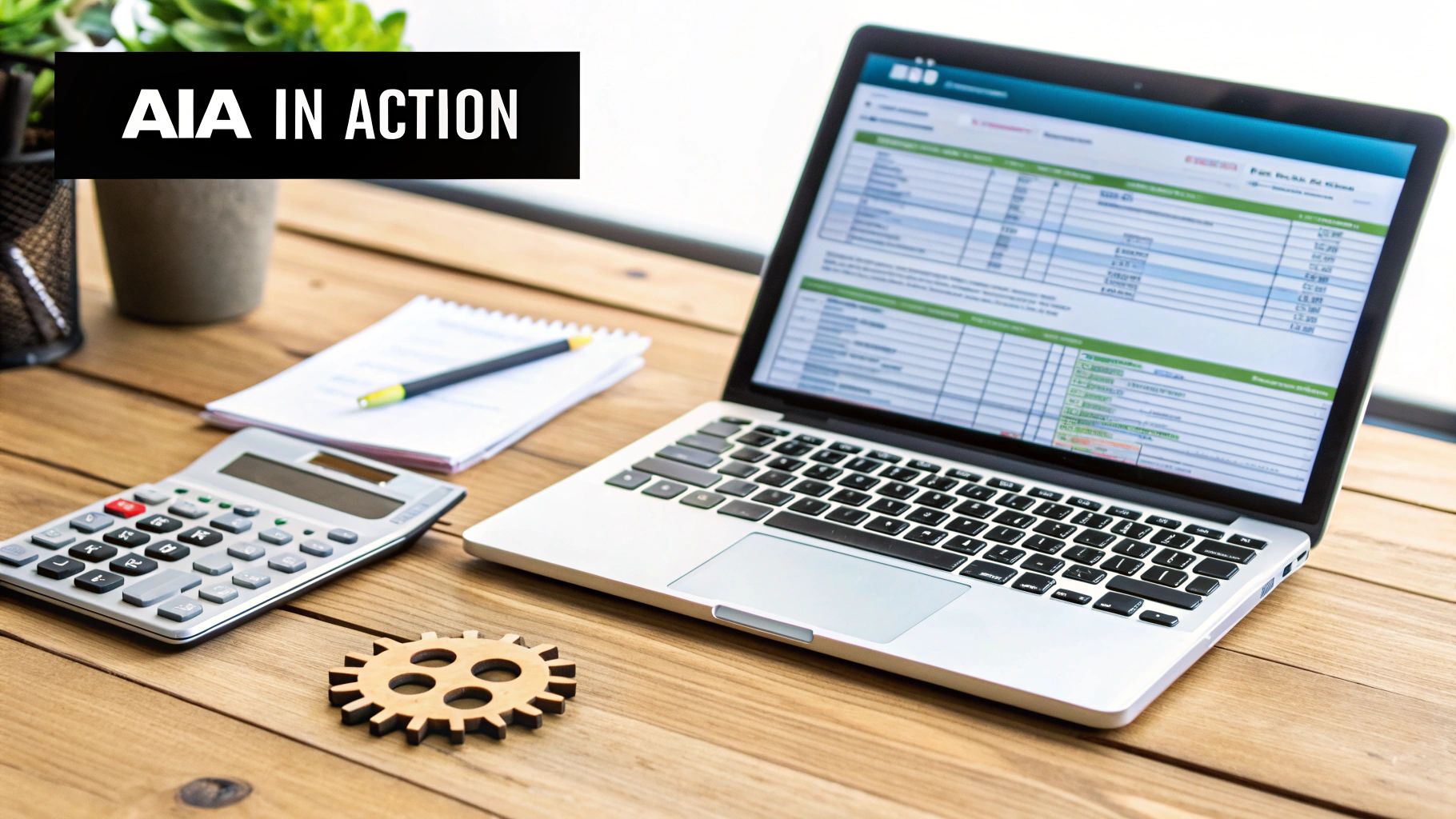 A desk with a laptop displaying financial data, a calculator, notebook, and wooden gear, representing AIA in action.