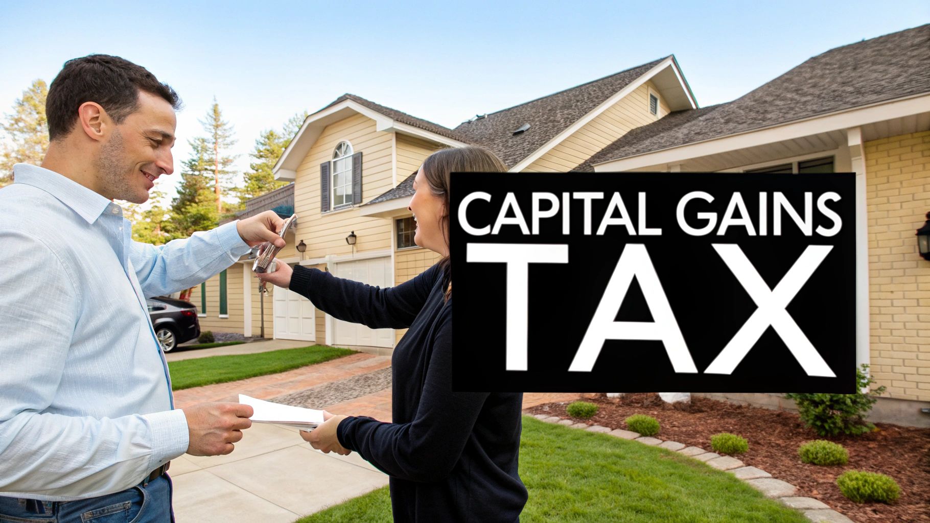 A modern house with a for sale sign in front of it, indicating a property transaction