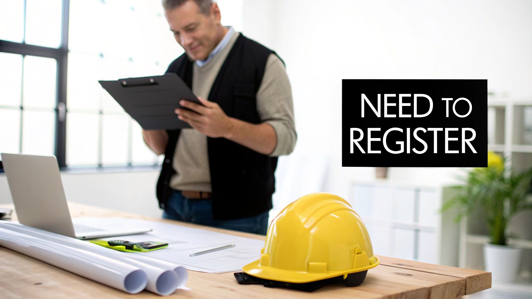 A construction worker reviewing documents at a desk with a laptop, hard hat, and blueprints, promoting registration.
