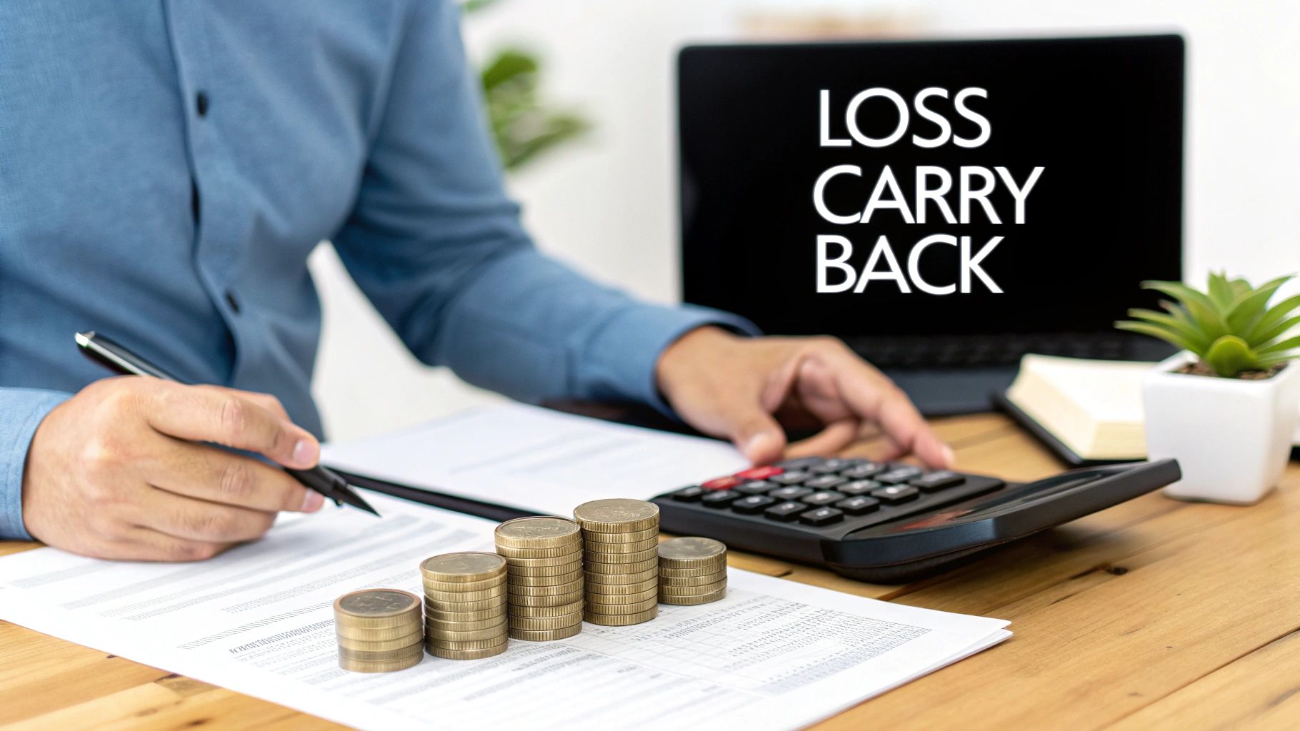 A person calculates finances on a desk with a calculator, pen, coins, and a laptop displaying 'LOSS CARRY BACK'.