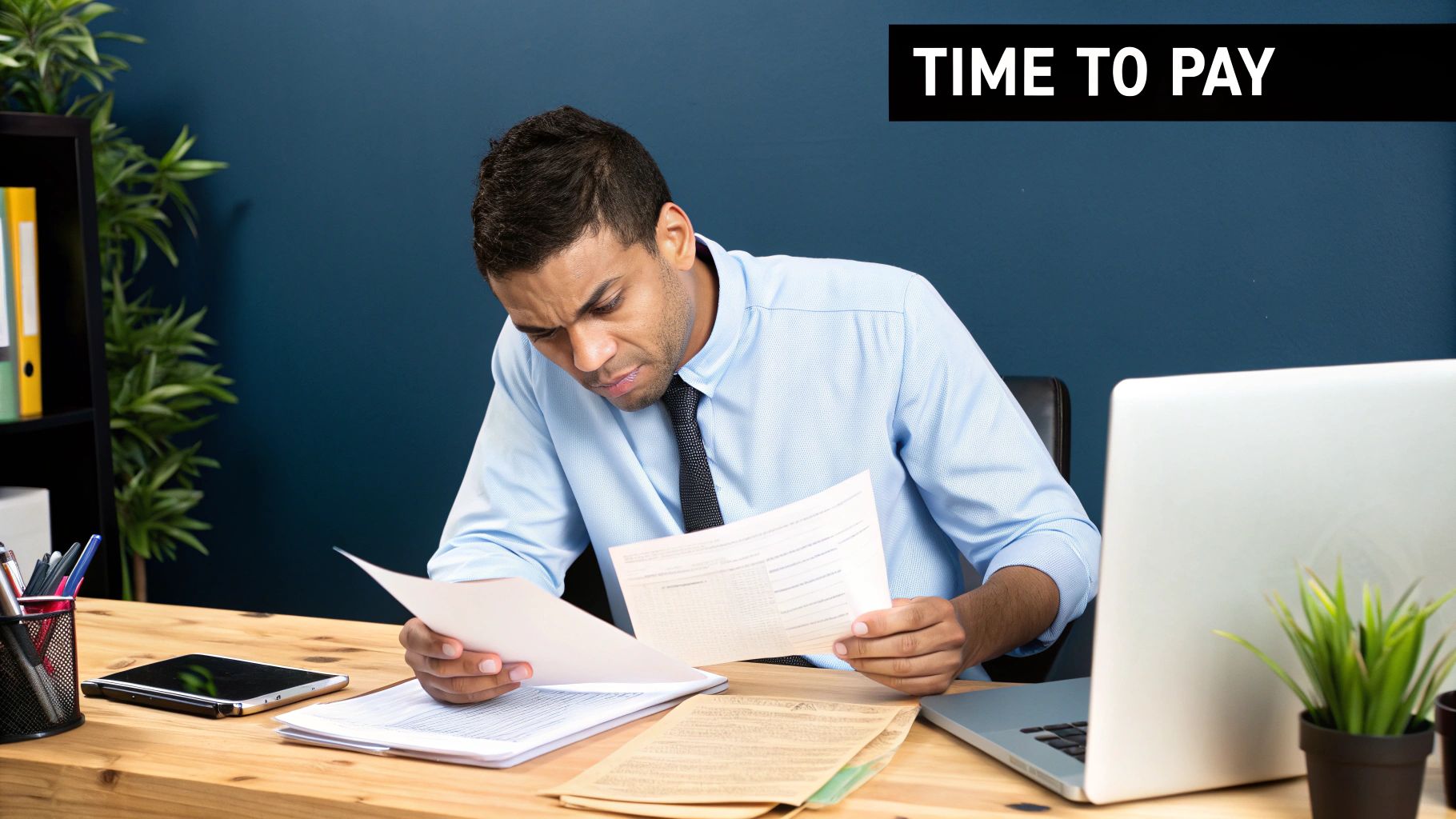 A person at a desk reviewing financial documents for a payment plan