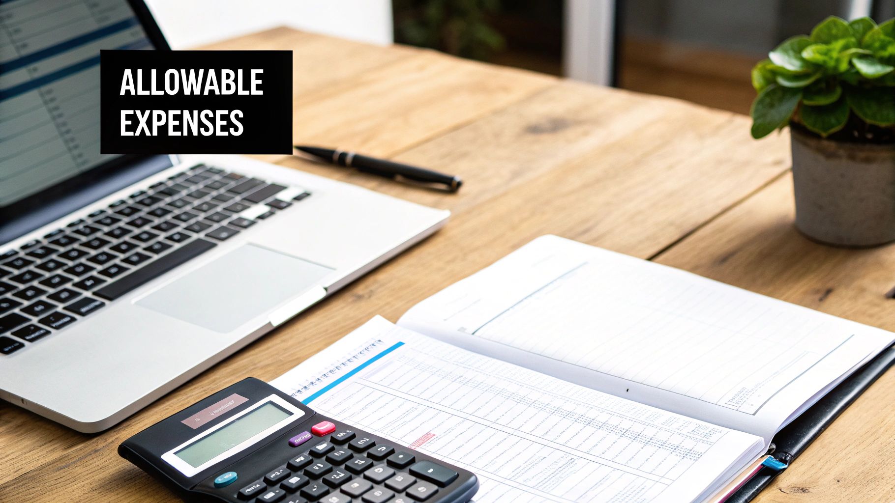 A desk setup with a laptop, calculator, and an open notebook displaying financial data, with a box stating 'ALLOWABLE EXPENSES'.