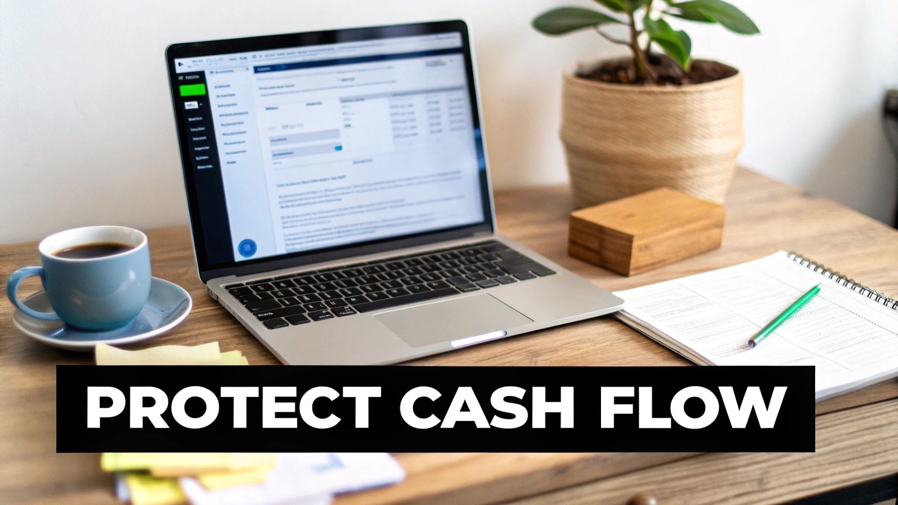 A laptop showing financial data, a coffee cup, a plant, and a notebook on a wooden desk, symbolizing financial management.