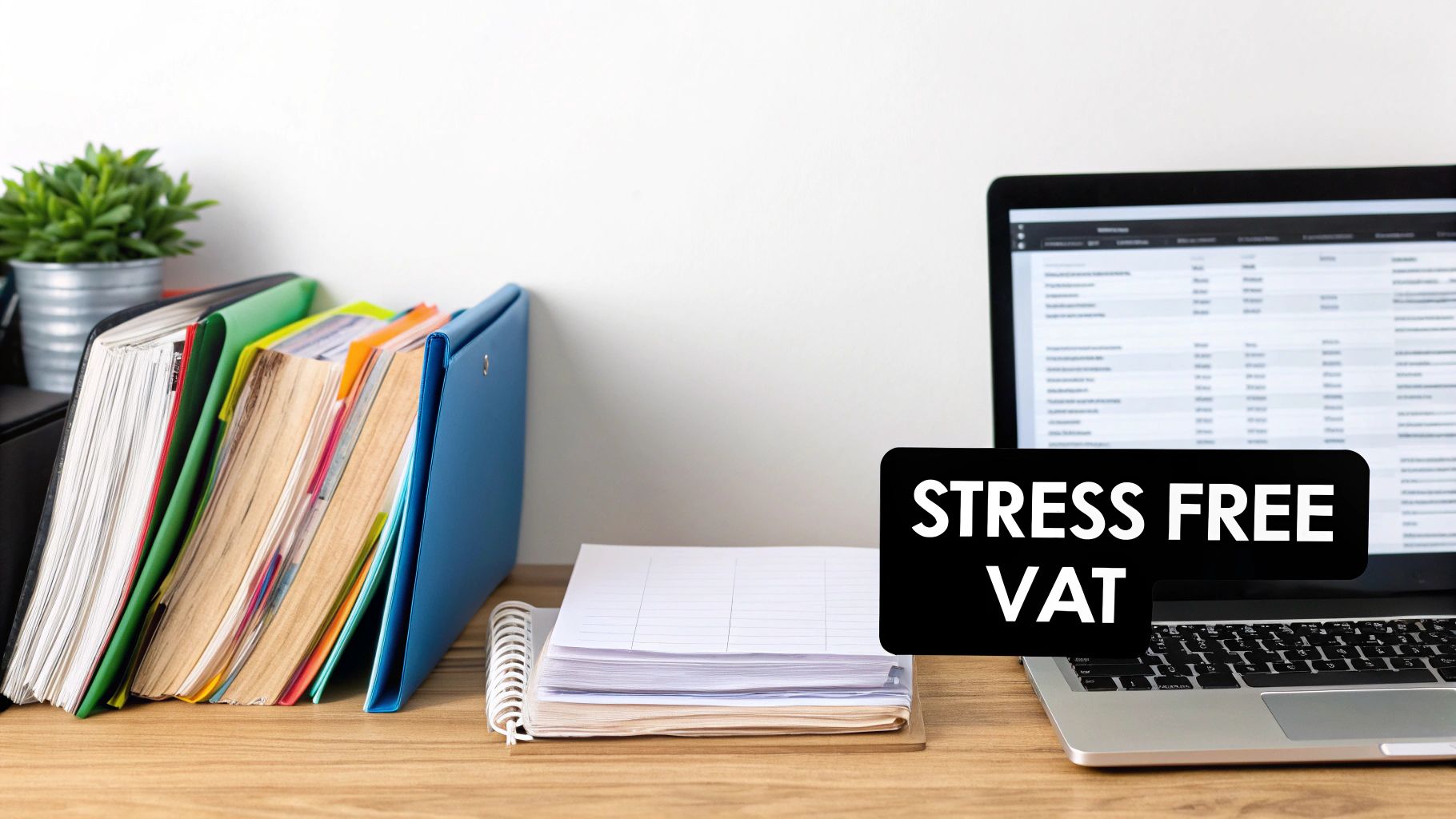 A tidy office desk with colorful files, a laptop showing data, and a 'STRESS FREE VAT' speech bubble.