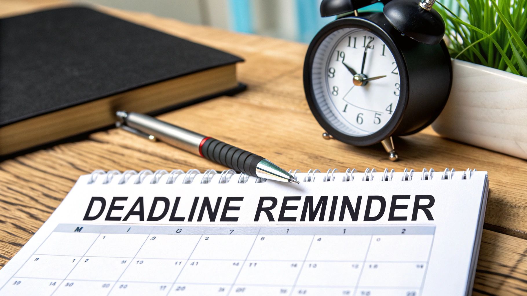 A calendar displaying 'DEADLINE REMINDER' with a pen, book, and alarm clock on a wooden desk, emphasizing time management.