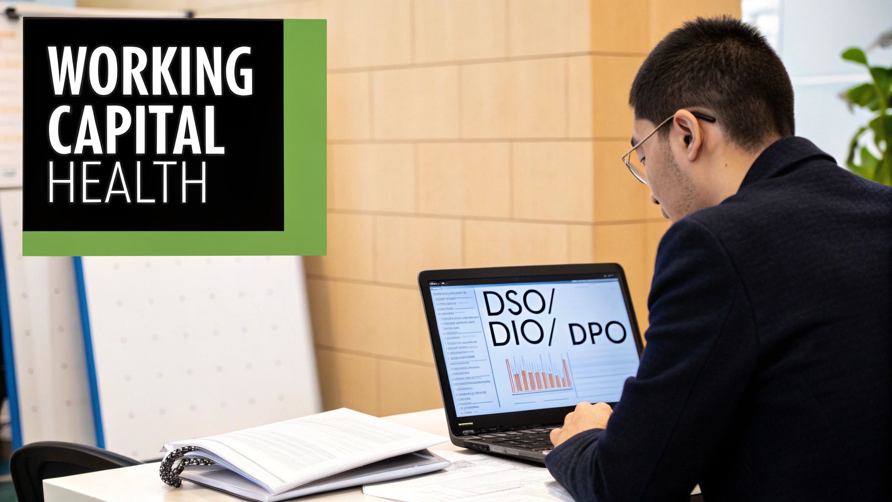 A person analyzes financial metrics like DSO, DIO, and DPO on a laptop, with a "WORKING CAPITAL HEALTH" graphic.