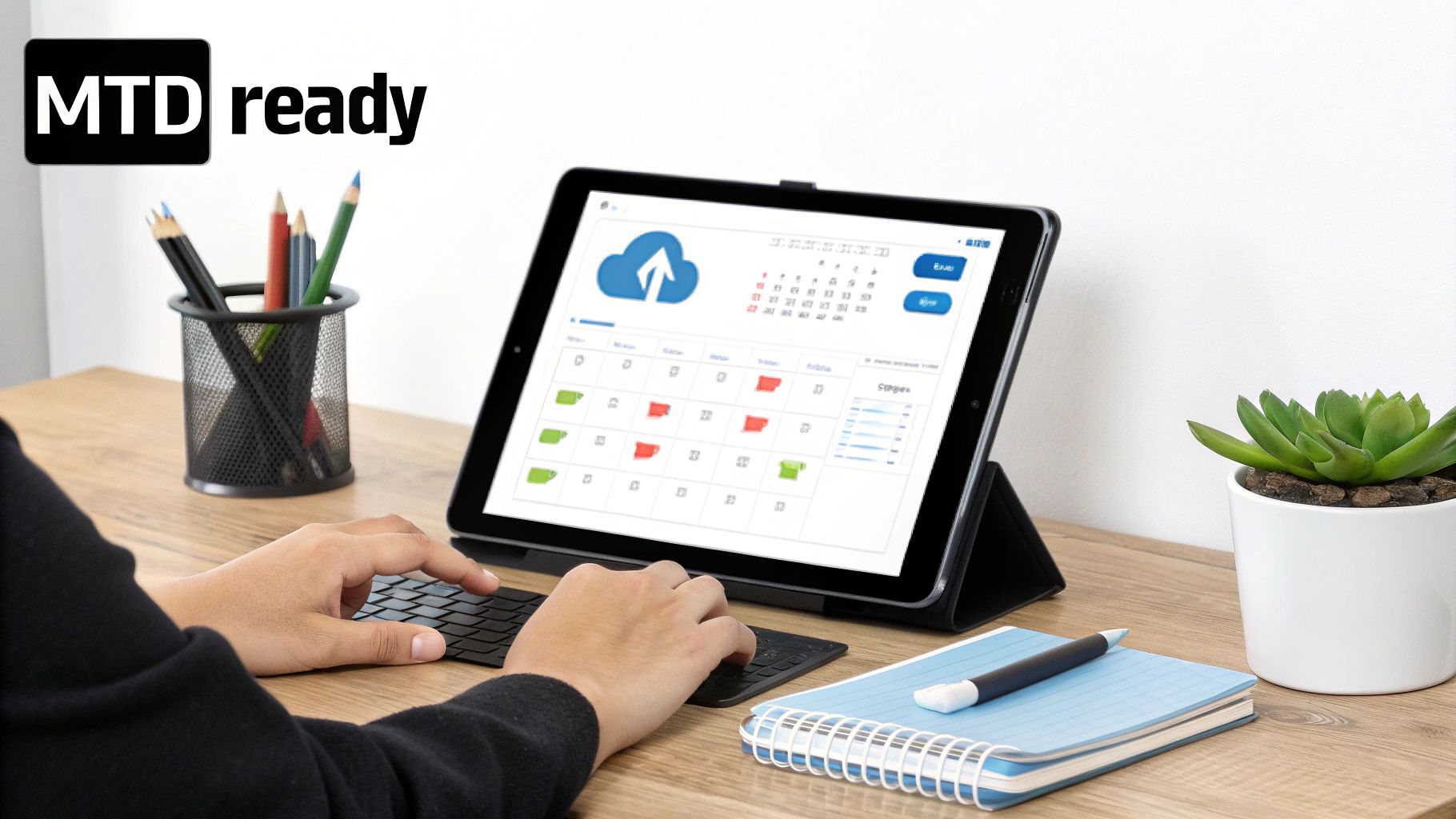 A sole trader works on a laptop, with a smartphone displaying a financial app, symbolizing digital tax preparation.