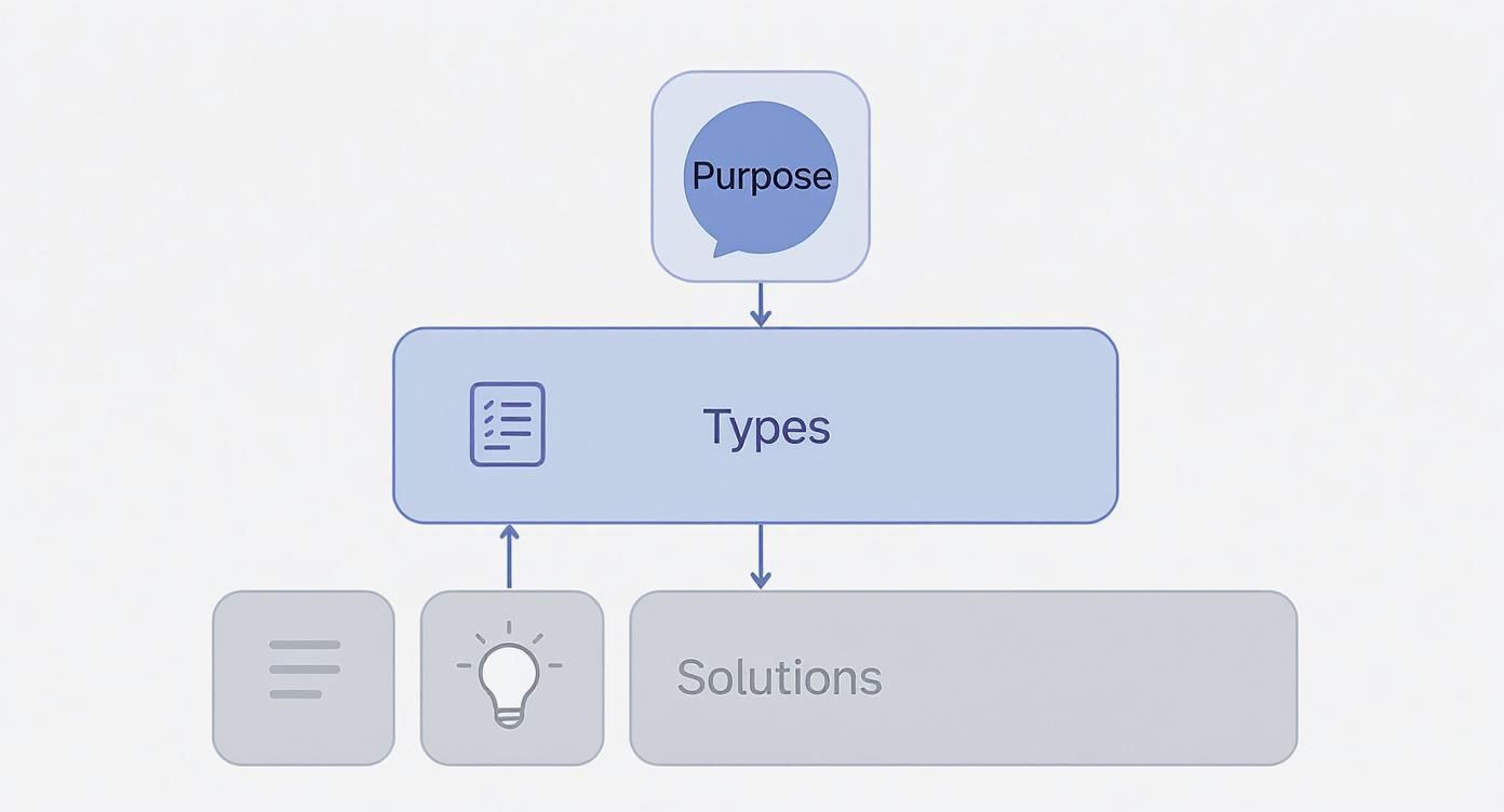 A business diagram illustrating concepts of Purpose, Types, and Solutions with various icons.