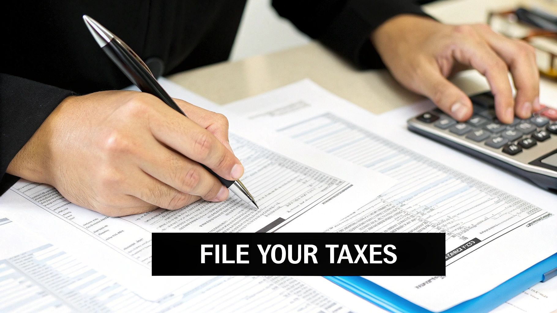 A person sitting at a desk, surrounded by organised piles of receipts, invoices, and bank statements, confidently using a laptop to file their Self Assessment tax return.