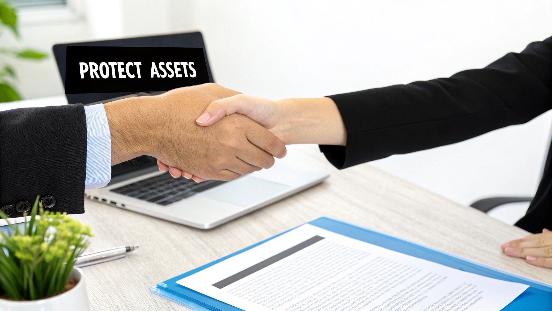 Two business professionals shaking hands over laptop with protect assets message and documents