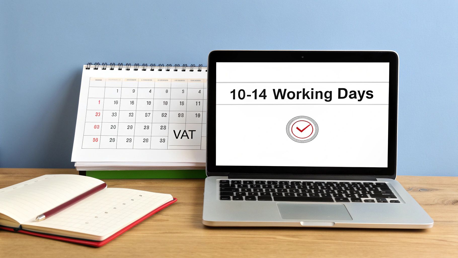 A laptop screen showing '10-14 Working Days' next to a calendar with 'VAT' and a notebook.