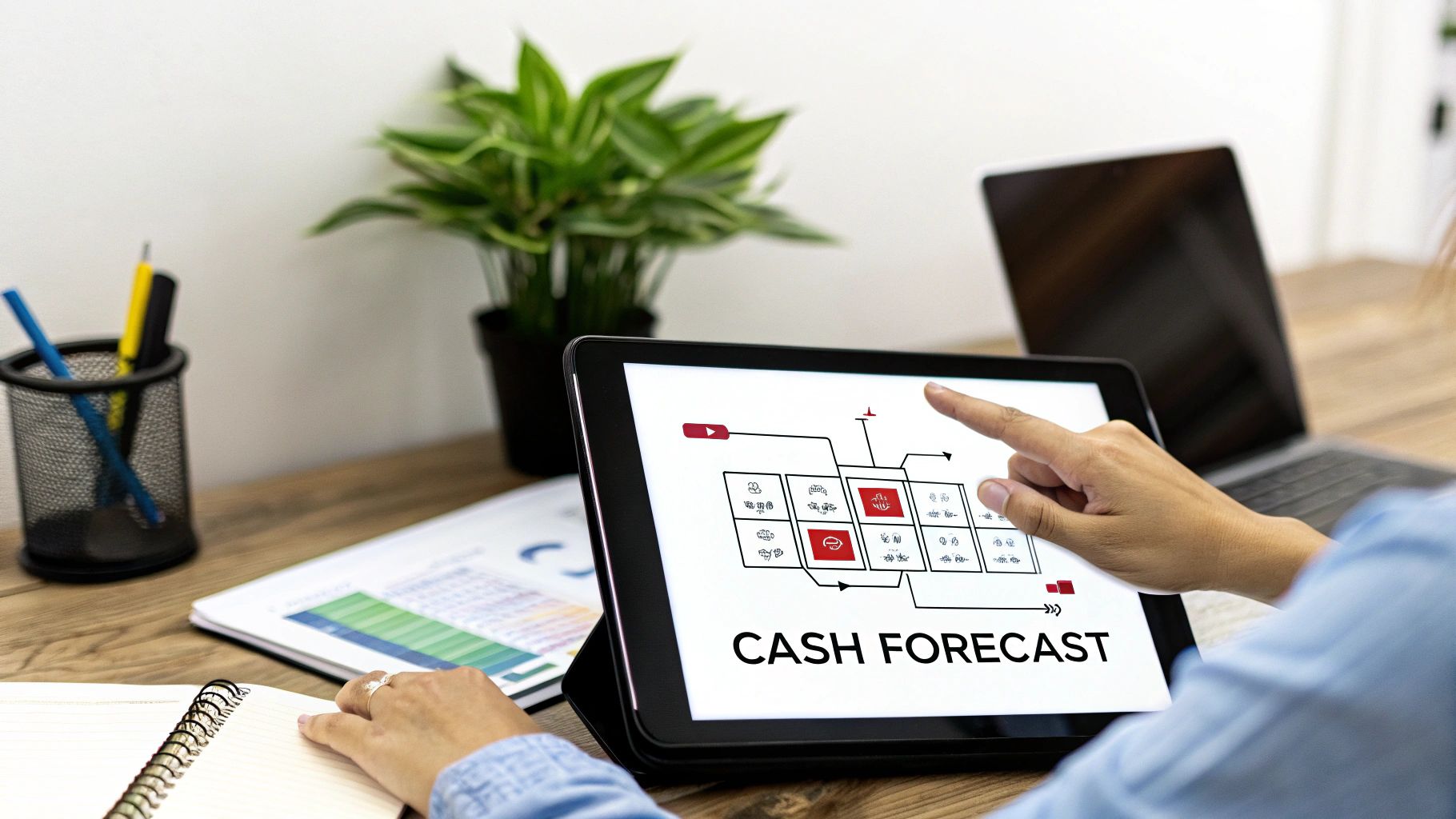 Hands interacting with a tablet displaying a 'Cash Forecast' diagram on a wooden desk.