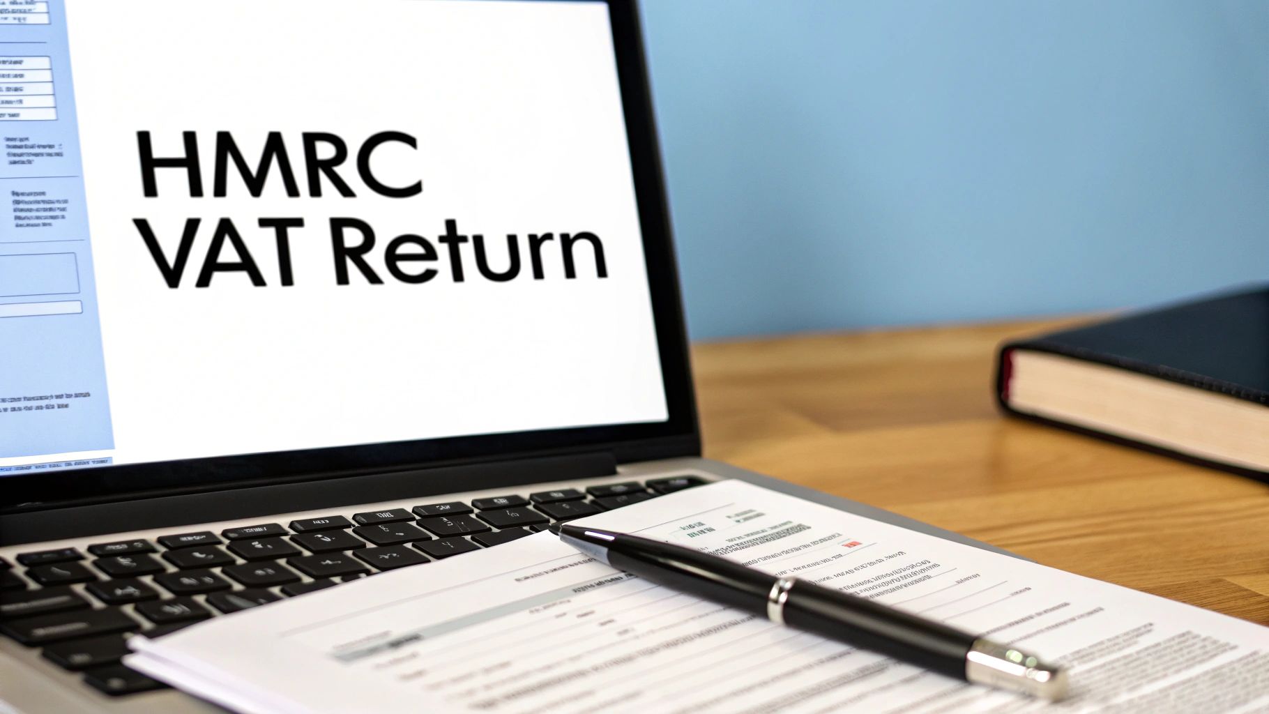 A laptop displays 'HMRC VAT Return' with financial documents and a pen on a wooden desk.
