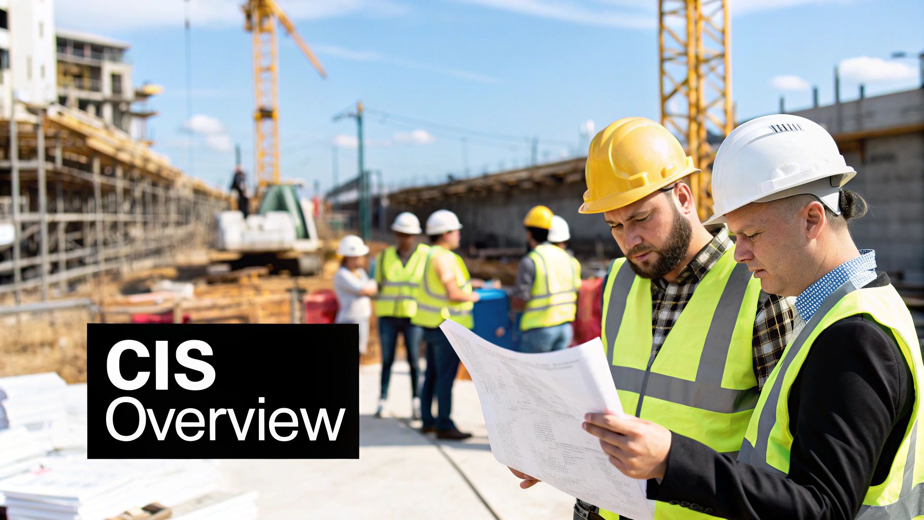 A construction site with workers and scaffolding, representing the construction industry
