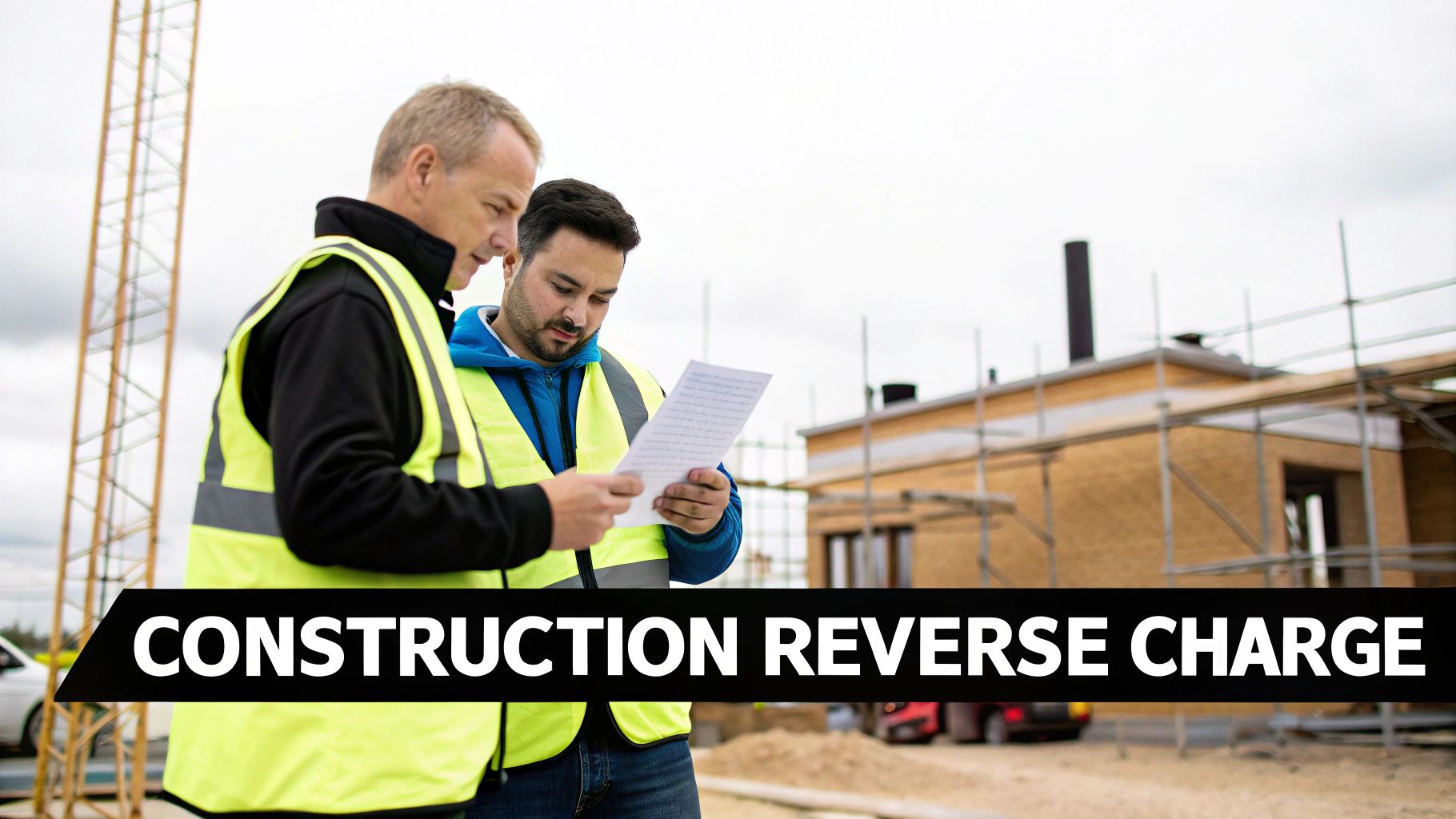 Two construction workers in safety vests review documents on a building site, discussing 'CONSTRUCTION REVERSE CHARGE'.