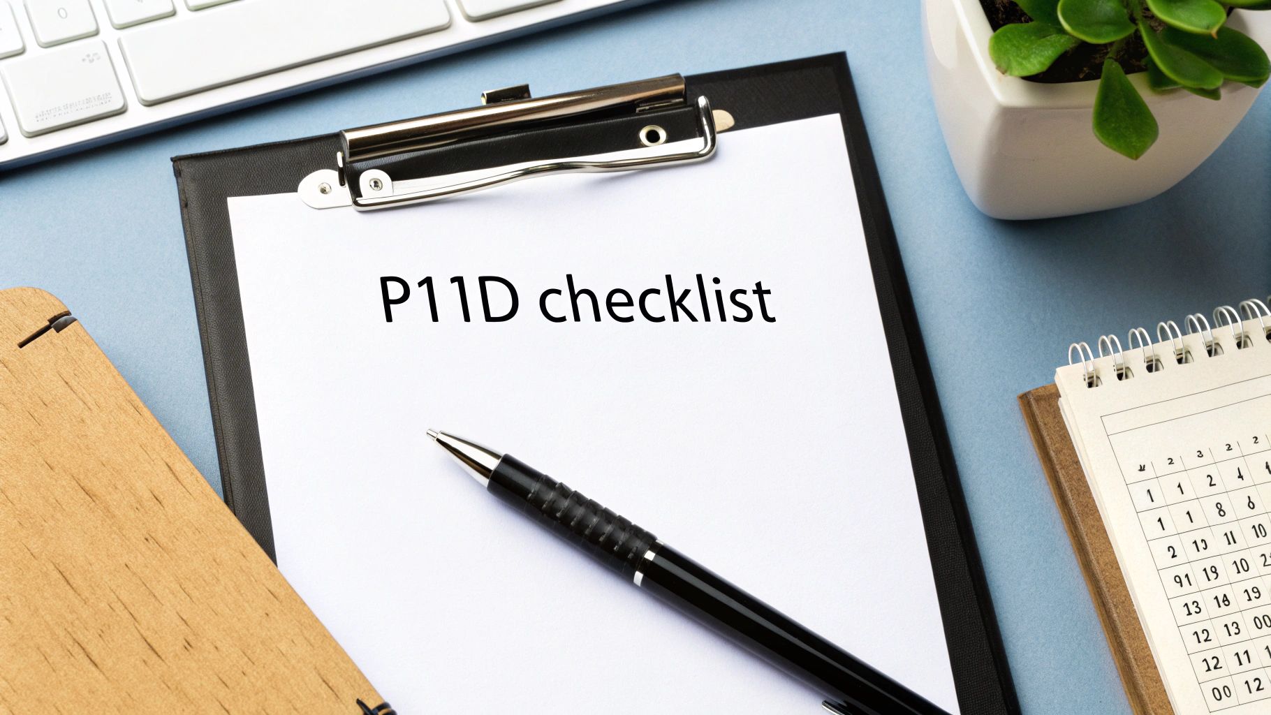A clipboard holds a white paper with 'P11D checklist' written on it, along with a pen and office items.