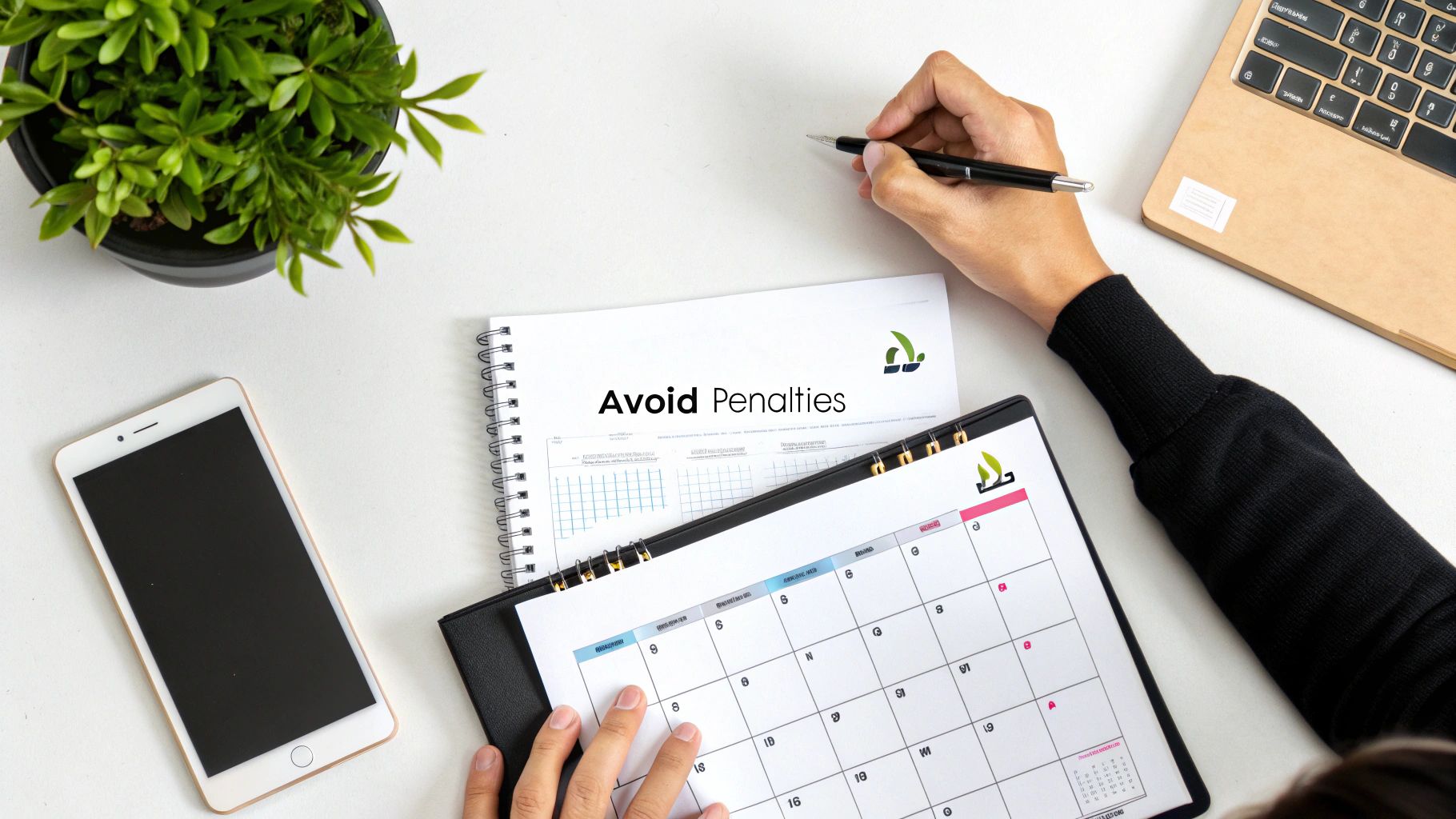 Overhead view of a person planning tax deadlines using a calendar and a notebook titled 'Avoid Penalties'.