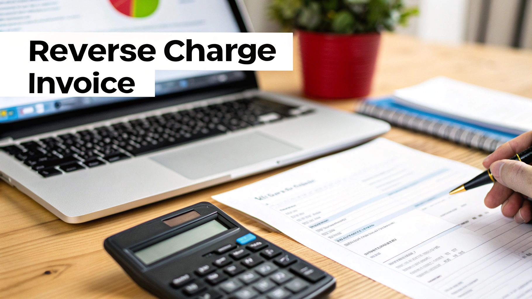 Person reviews a reverse charge invoice document on a desk with a laptop and calculator.