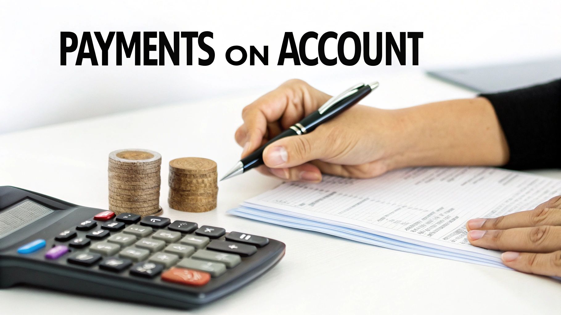 Person writing on documents with a calculator and stacked coins, representing payments on account.