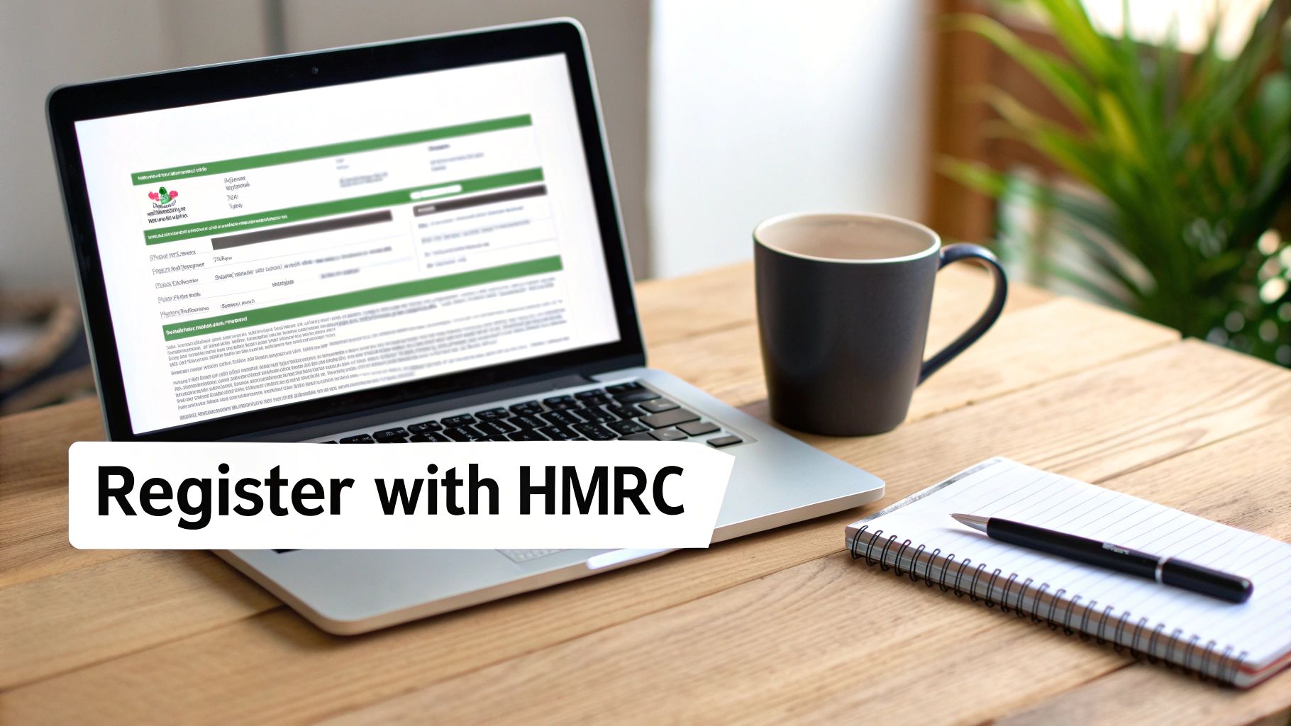 A laptop on a wooden desk displays an online registration form, with a coffee mug, notebook, and pen nearby.