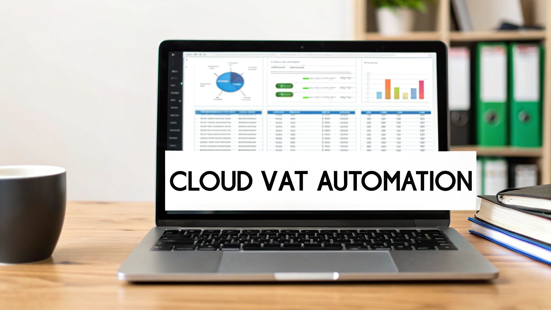 A laptop screen showing business charts and data, with a banner displaying 'CLOUD VAT AUTOMATION'.
