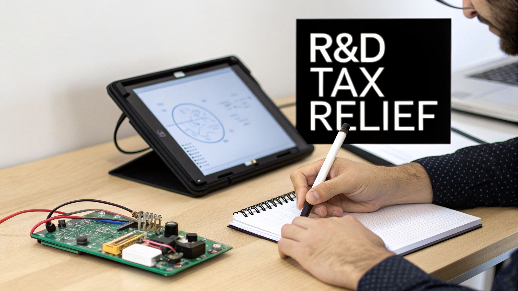 A person writing in a notebook on a desk with a tablet displaying a chart and 'R&D TAX RELIEF' text.