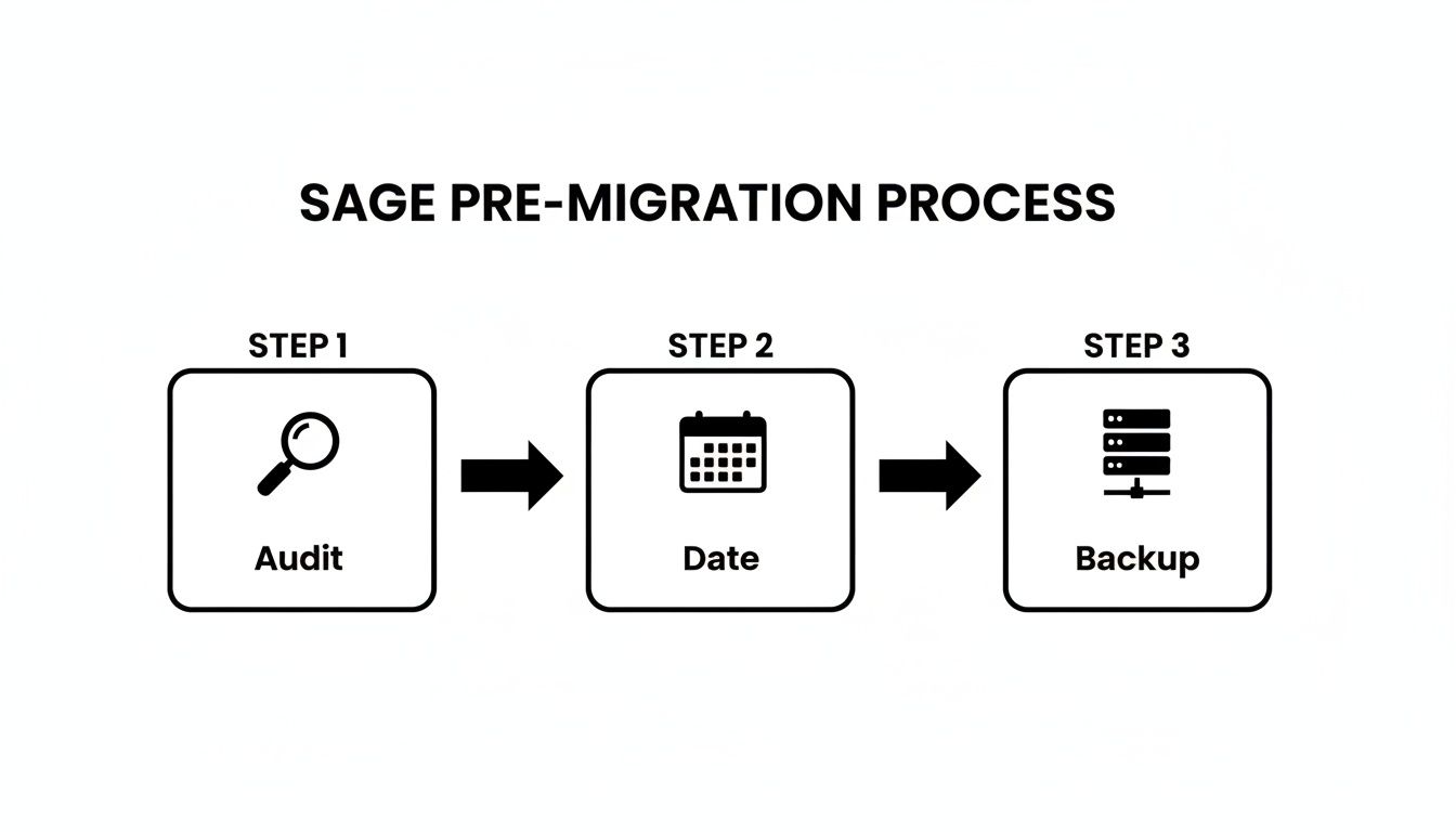 Flowchart illustrating the Sage pre-migration process with three steps: Audit, Date, and Backup.