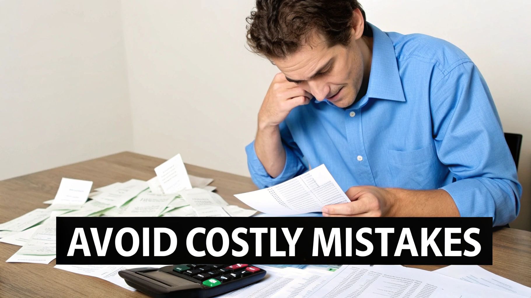 A man looking stressed while reviewing numerous financial papers and receipts, with a calculator nearby, under the text "AVOID COSTLY MISTAKES".