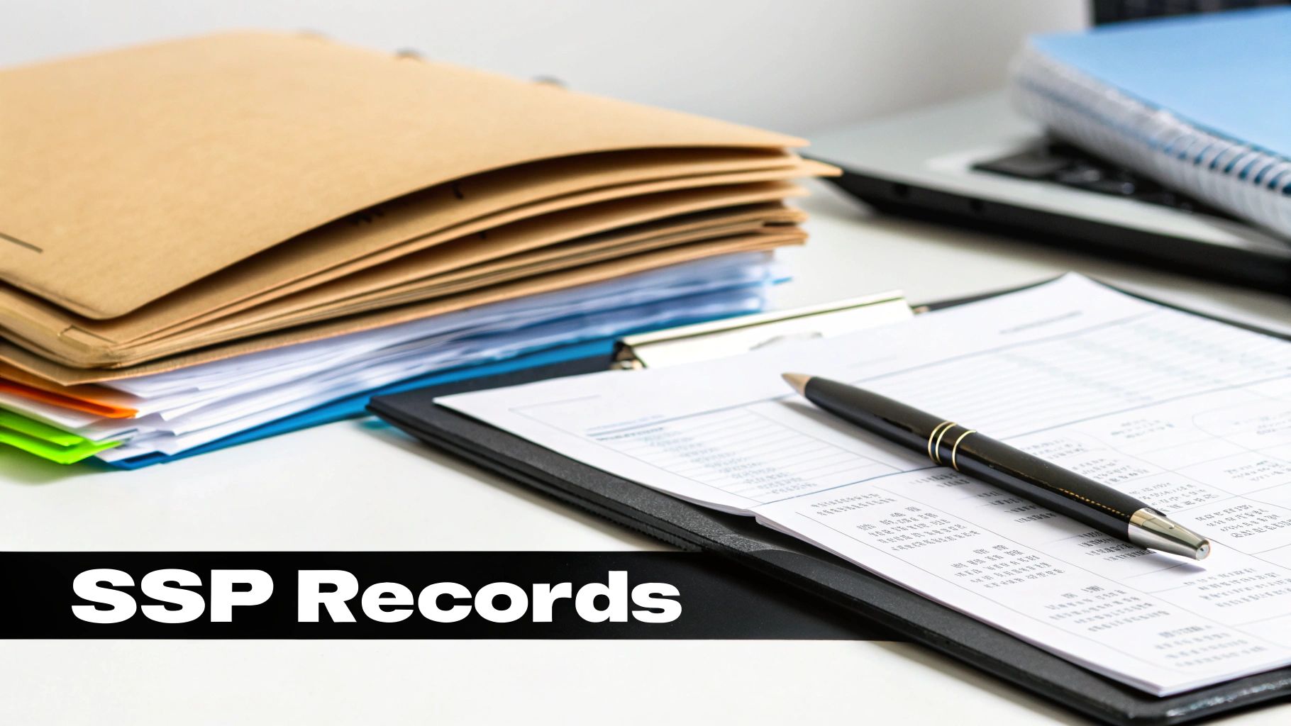 A desk with stacked files, documents, a pen, and a black banner displaying 'SSP Records'.