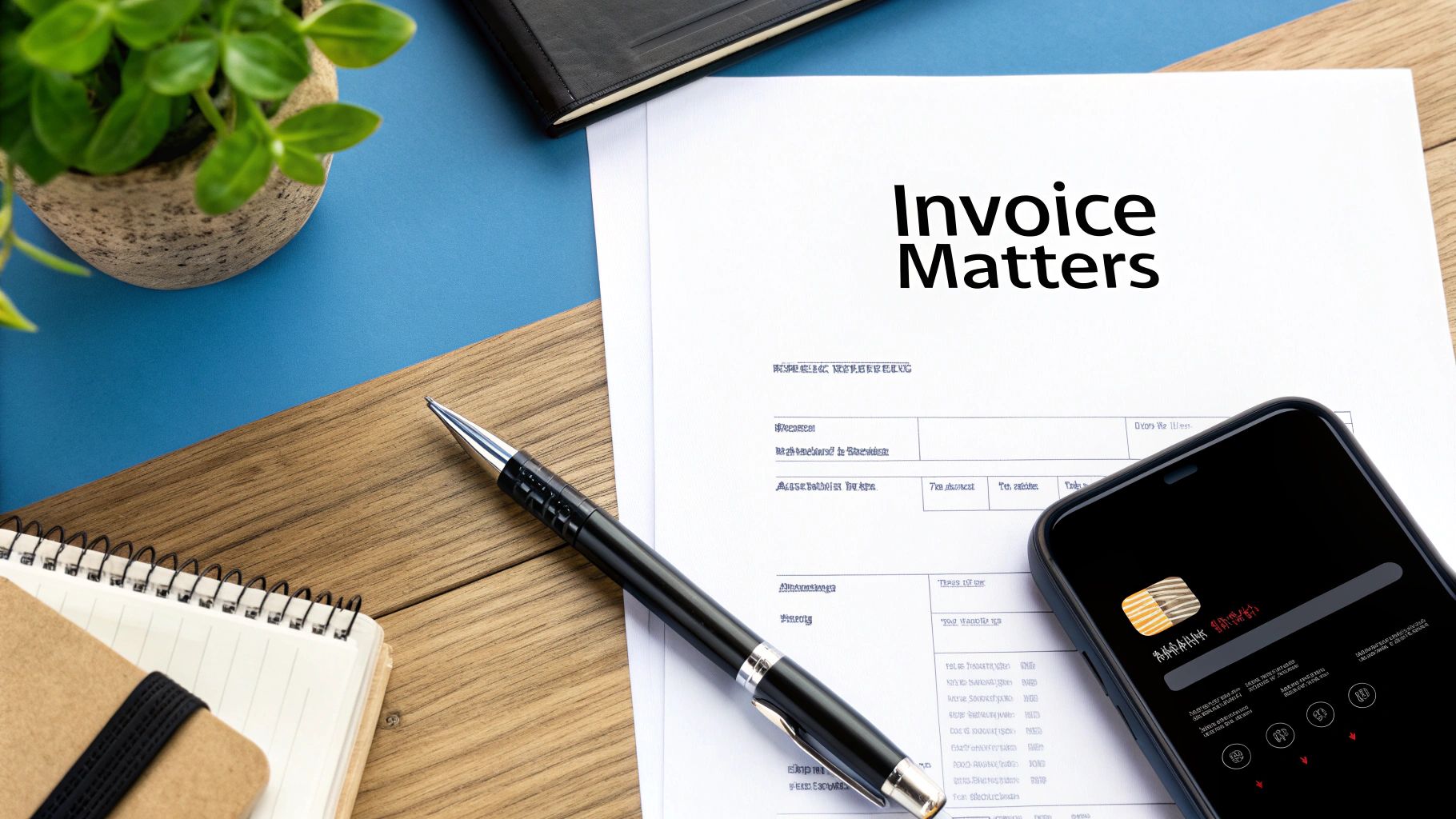 Overhead view of a desk with an 'Invoice Matters' document, pen, phone, and plant.