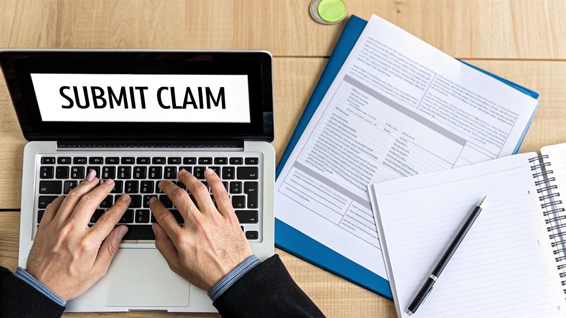 A person types on a laptop with 'SUBMIT CLAIM' displayed on screen, next to documents and a pen on a wooden desk.