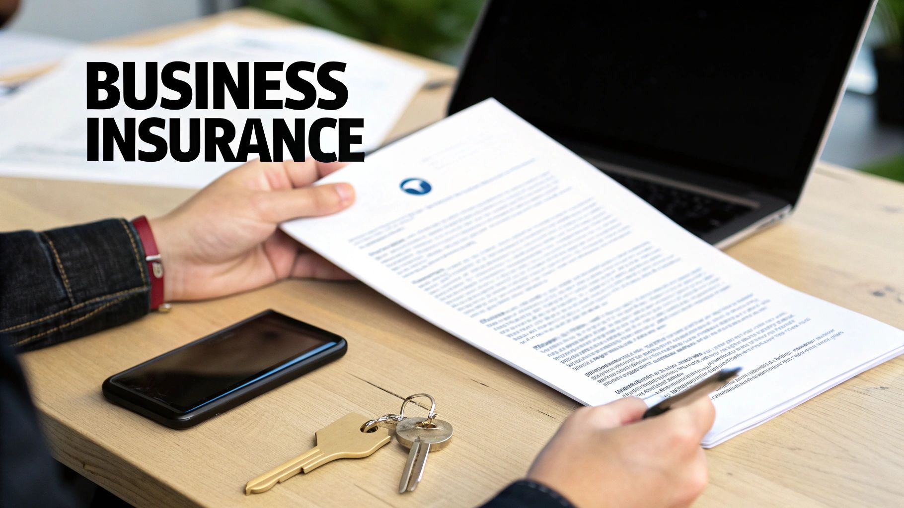 A person reviewing a business insurance document on a wooden desk with a phone, keys, and a laptop.
