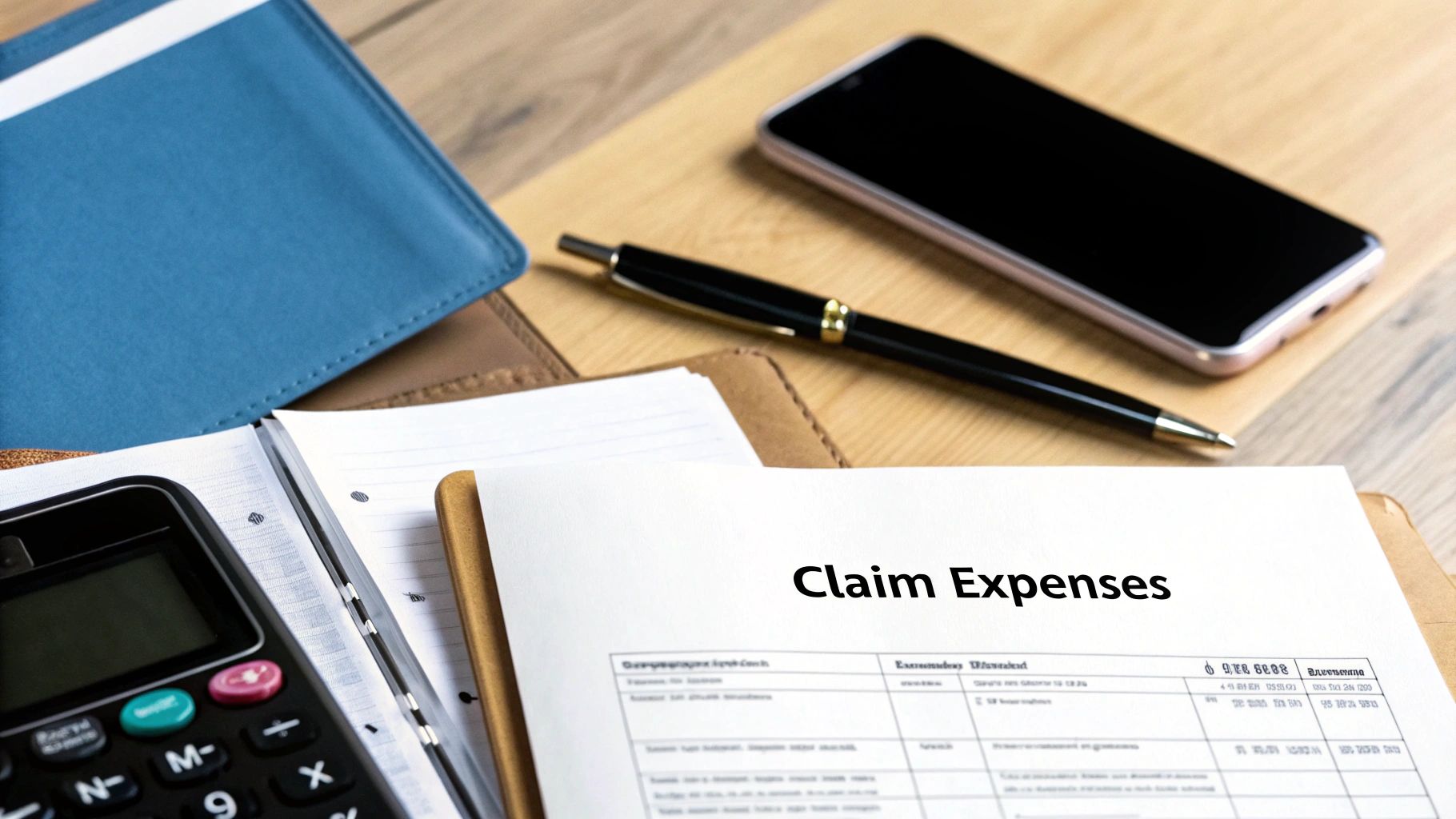 A document titled 'Claim Expenses' on a desk with a calculator, pen, notebook, and smartphone.