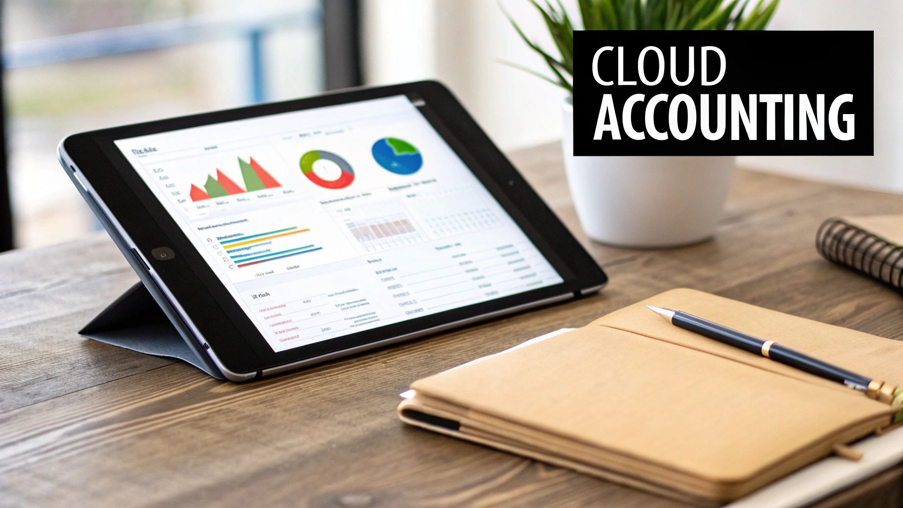 A modern workspace scene featuring a tablet displaying cloud accounting metrics, a pen, and a notebook.