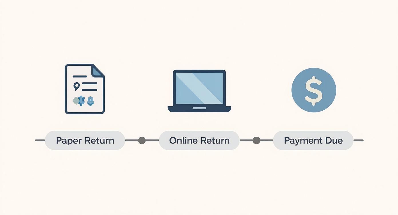 Three step tax return process showing paper filing, online submission, and payment due deadline