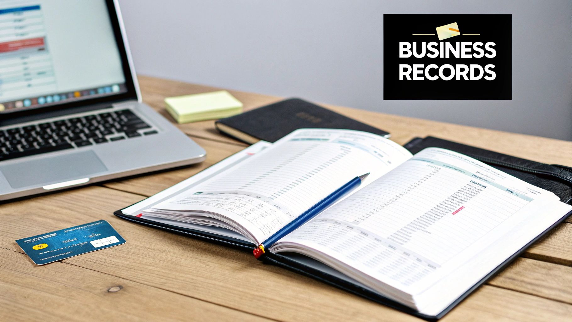 A laptop, open planner with pen, and credit card on a wooden desk, symbolizing business records.