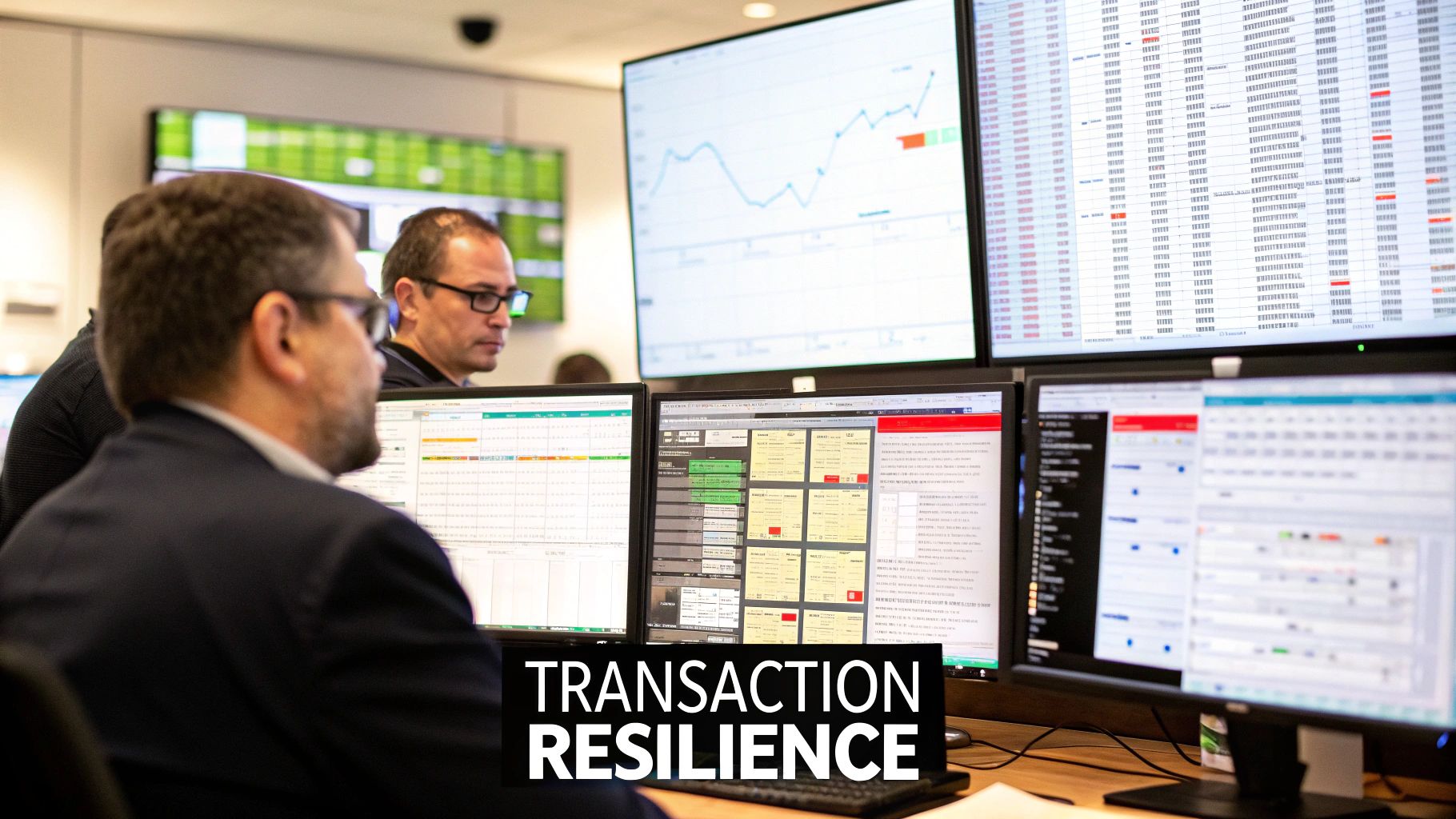 Two men monitor multiple computer screens displaying complex data in a financial control room.