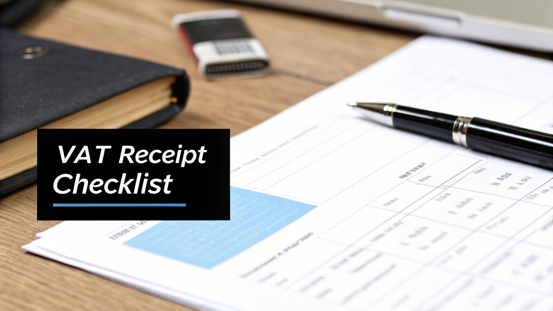 A black box with 'VAT Receipt Checklist' text on a desk with documents, a pen, and a notebook.