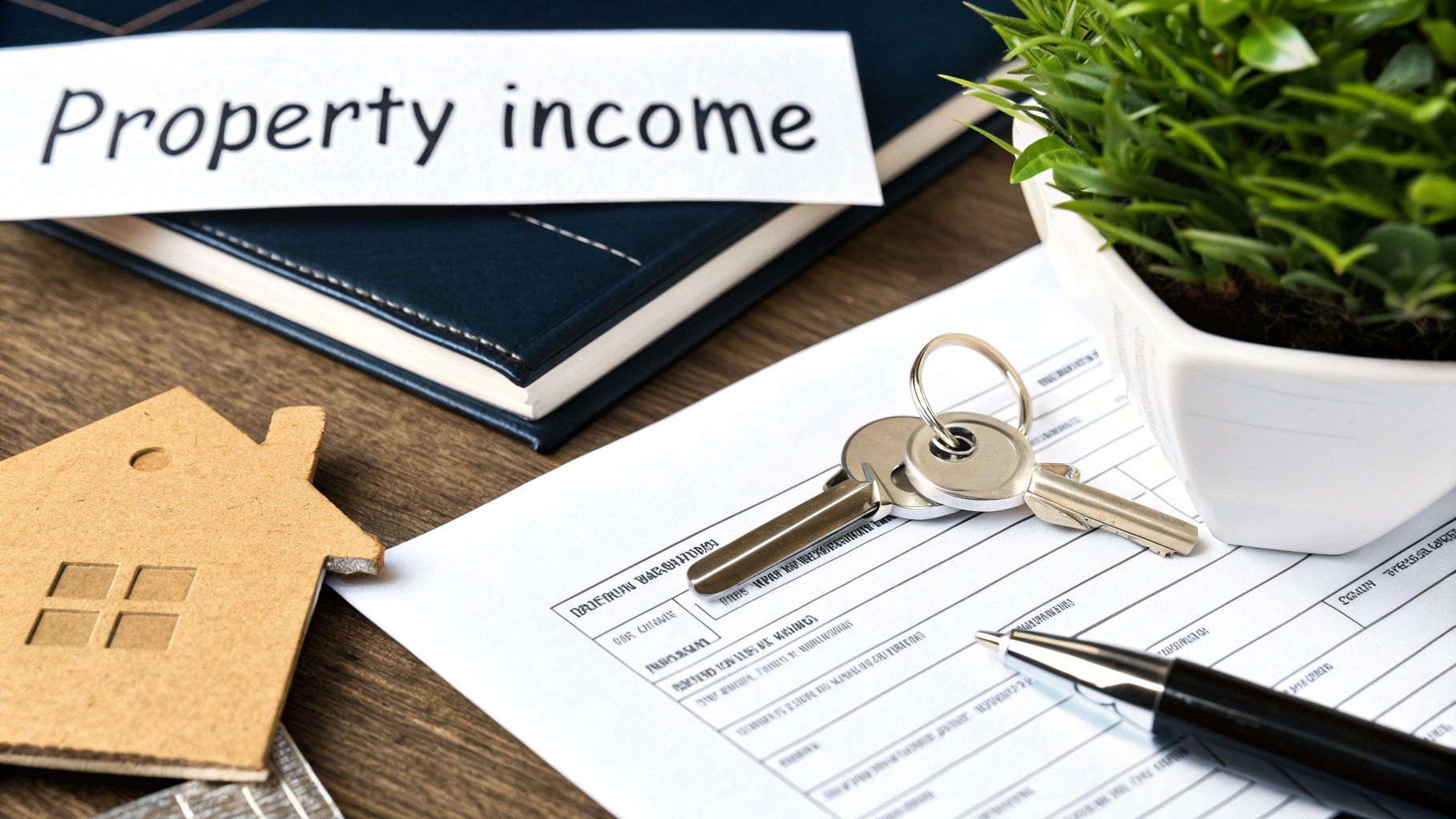 A tabletop with 'Property income' note, house keys, a wooden house, pen, and document.