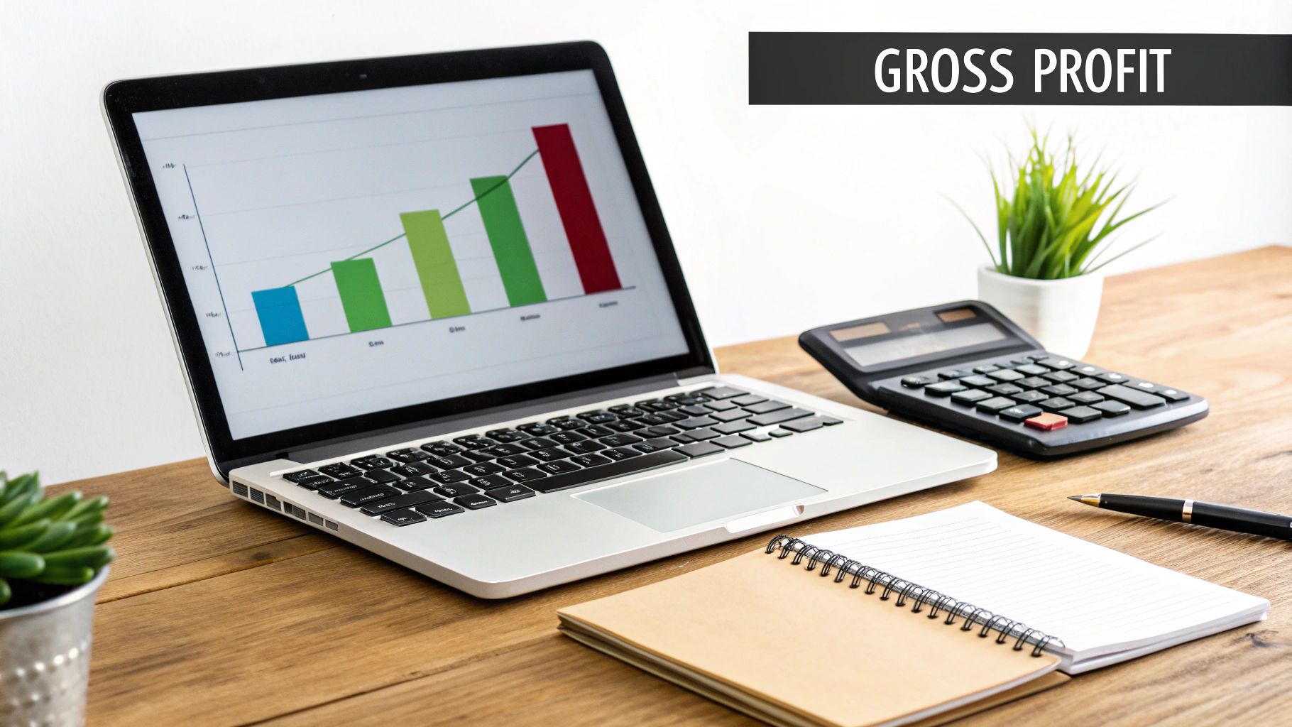 Desk setup with a laptop displaying a gross profit chart, calculator, notepad, and plants.