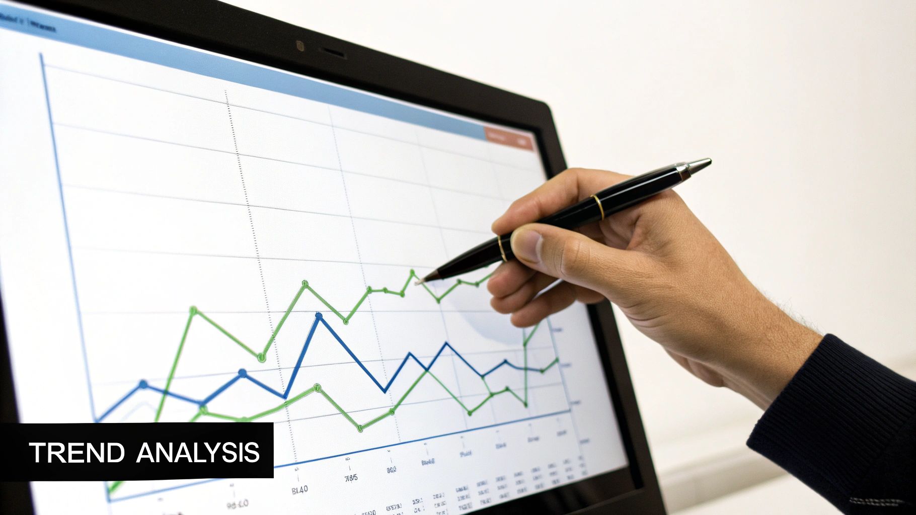 A hand holding a pen points to a line graph with green and blue lines on a computer screen, showing trend analysis.