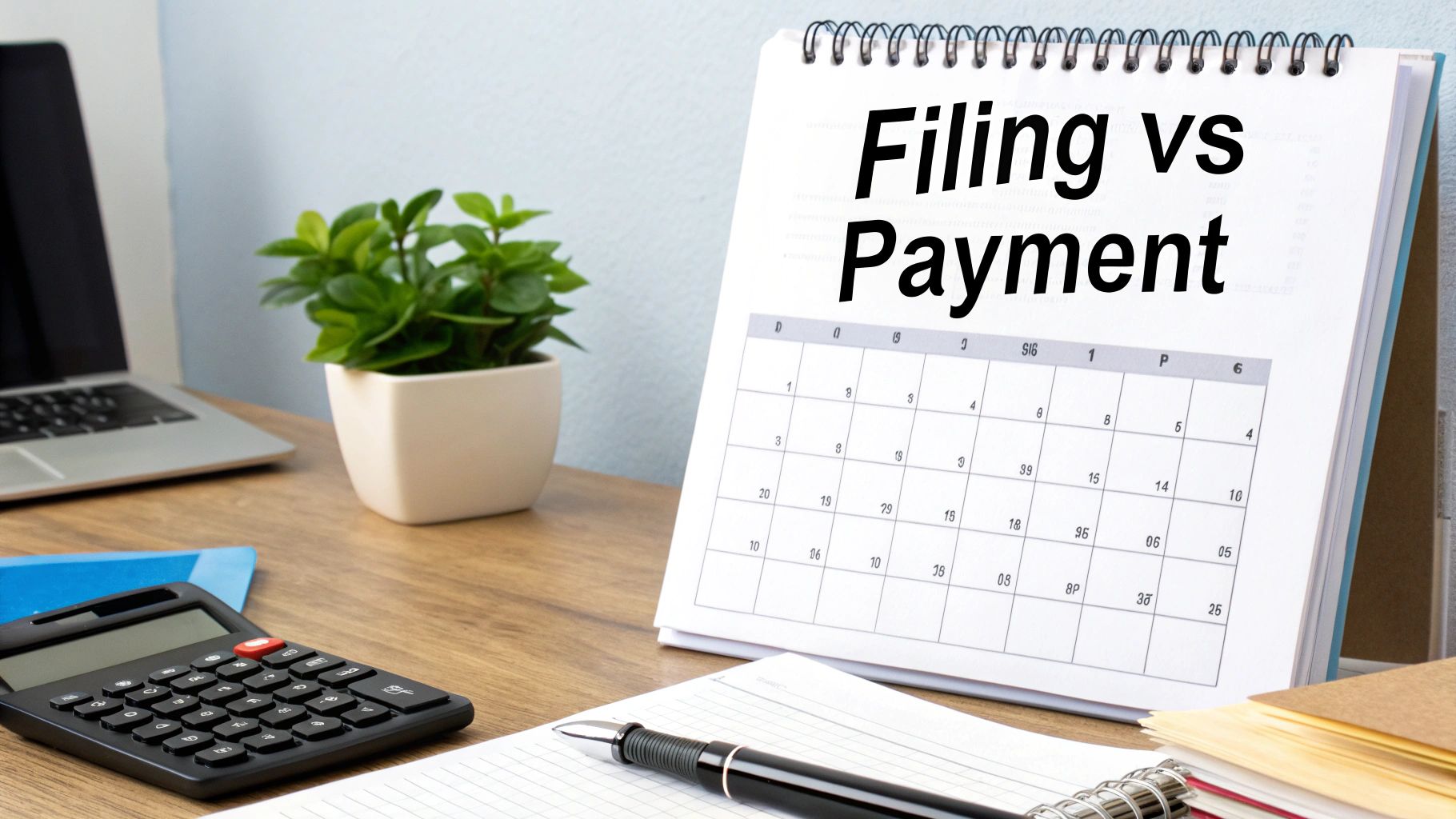 Calendar and calculator on desk illustrating tax filing versus payment deadline comparison