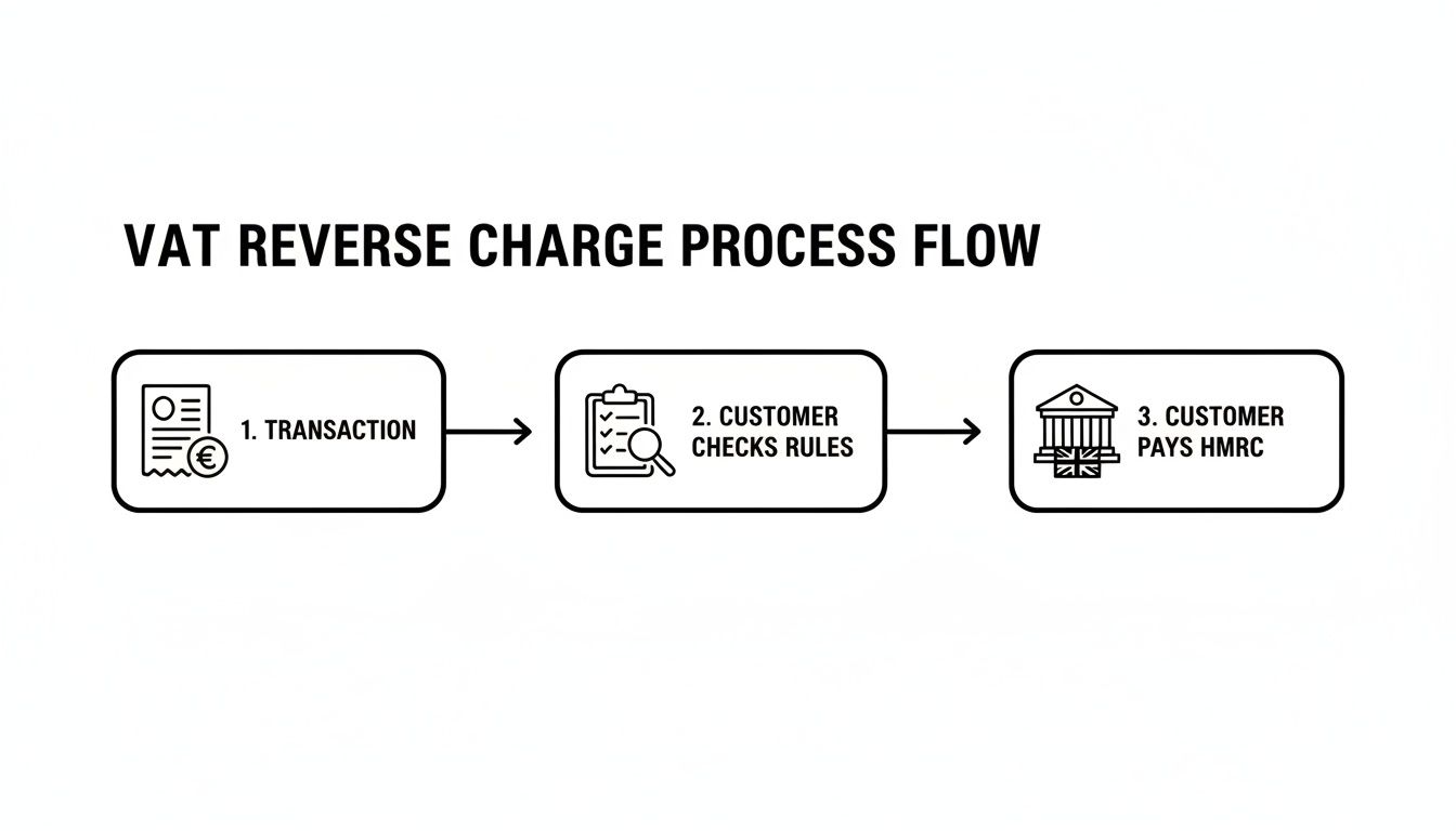 A flow chart illustrating the VAT reverse charge process, showing steps from transaction to payment.