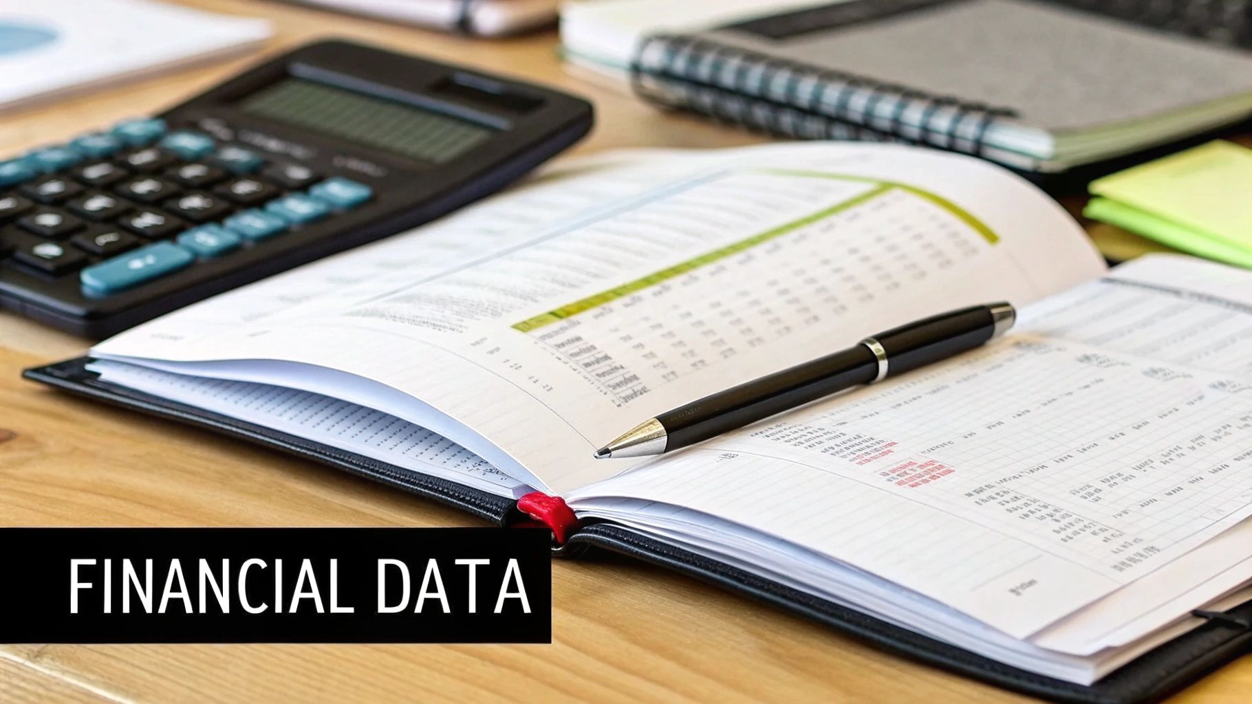 A desk with organised financial documents, a laptop showing charts, and a calculator.